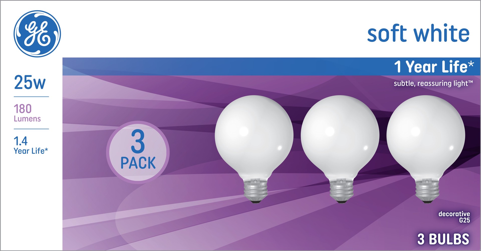 slide 1 of 6, GE Incandescent Soft White 25 -Watt EQ G25 Soft white Medium base (E-26) Dimmable Incandescent Decorative Light Bulb 3 -Pack, 1 ct
