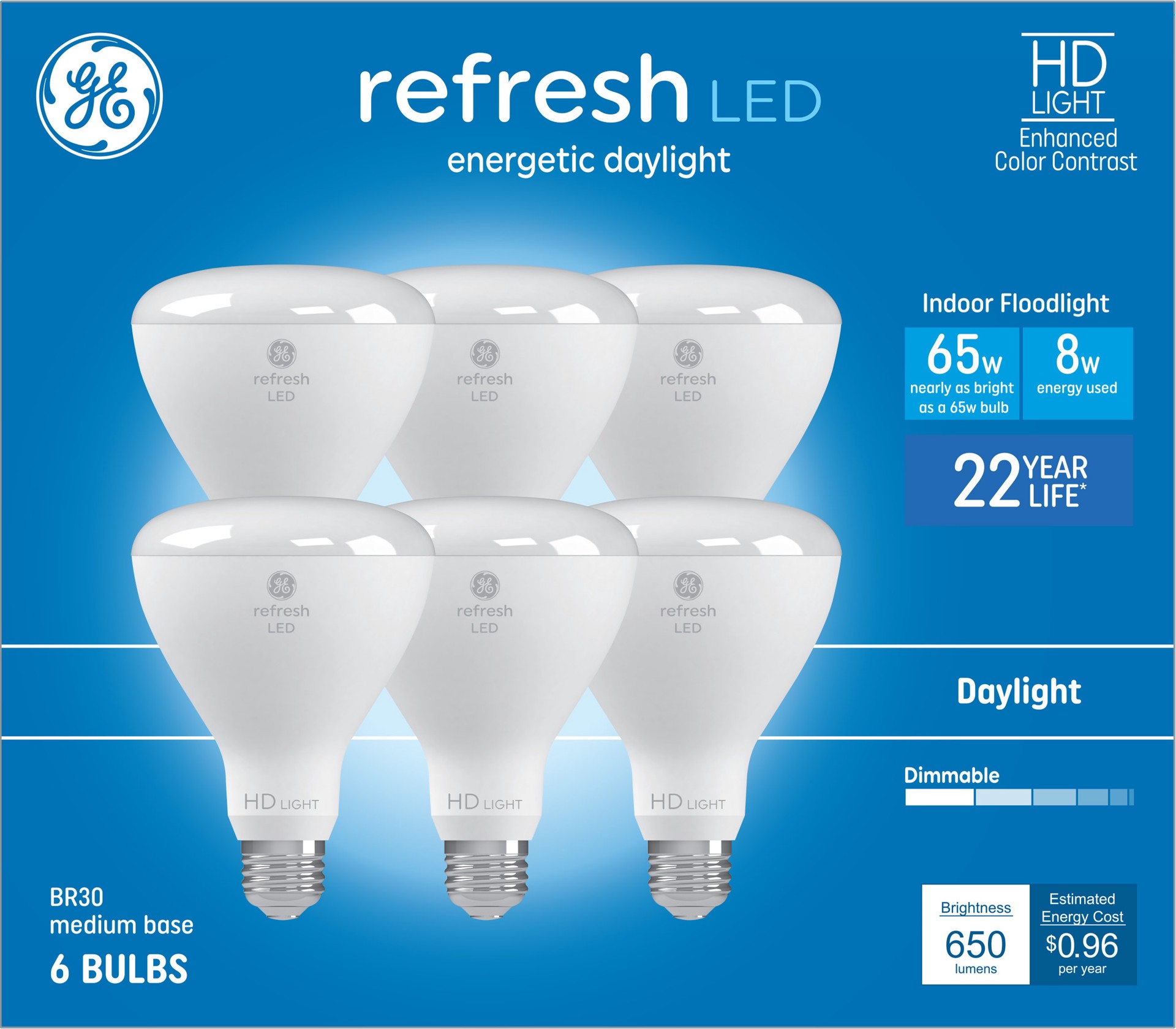 slide 1 of 6, GE 65 -Watt EQ BR30 Daylight Medium base (E-26) Dimmable LED Spot Flood Light Bulb 6 -Pack, 1 ct
