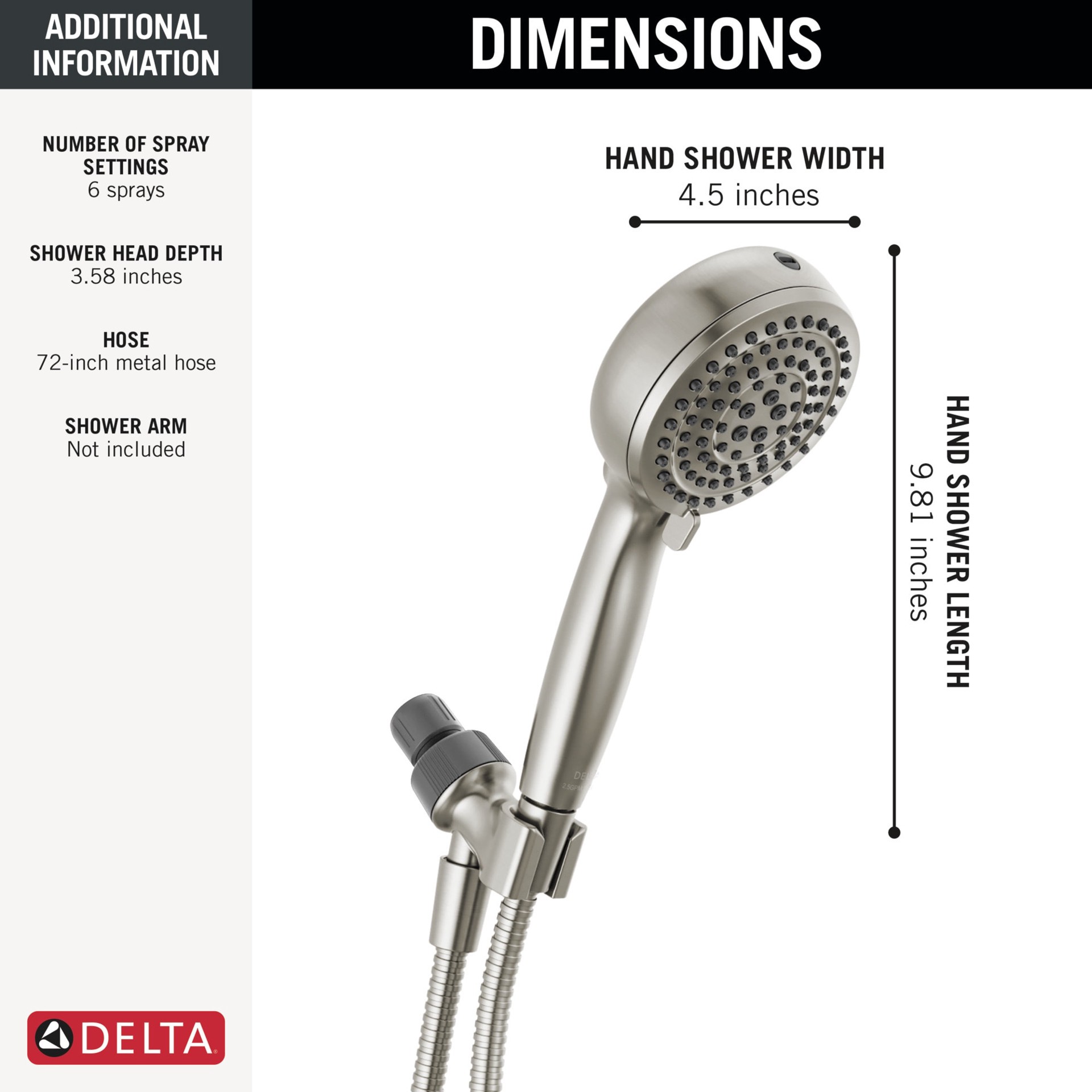 slide 4 of 6, Delta ProClean 6.0 -Spray Spotshield Brushed Nickel 4.5-in Round High Pressure Handheld Shower Head 2.5 GPM, 1 ct