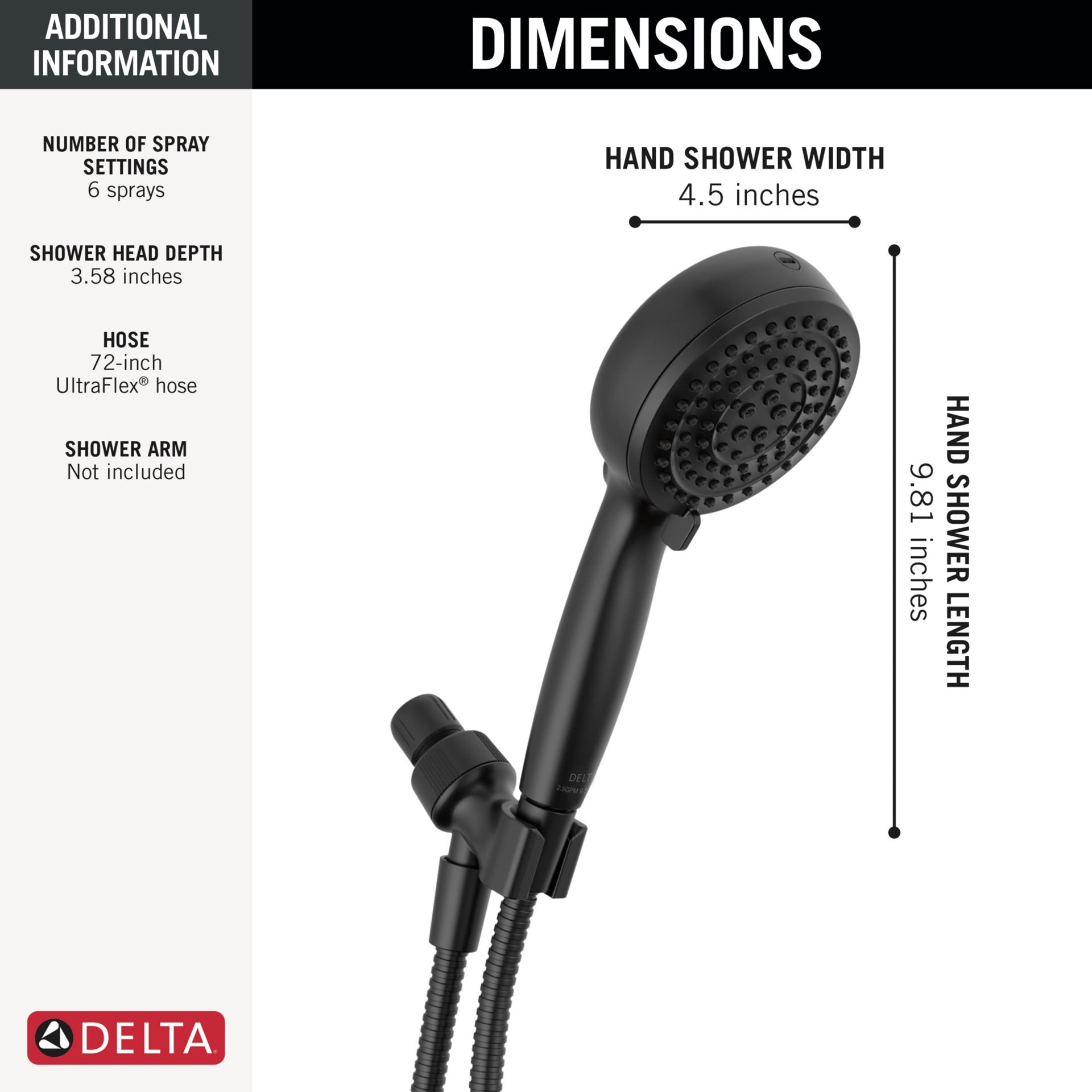 slide 4 of 6, Delta ProClean 6.0 -Spray Matte Black 4.5-in Round High Pressure Handheld Shower Head 2.5 GPM, 1 ct