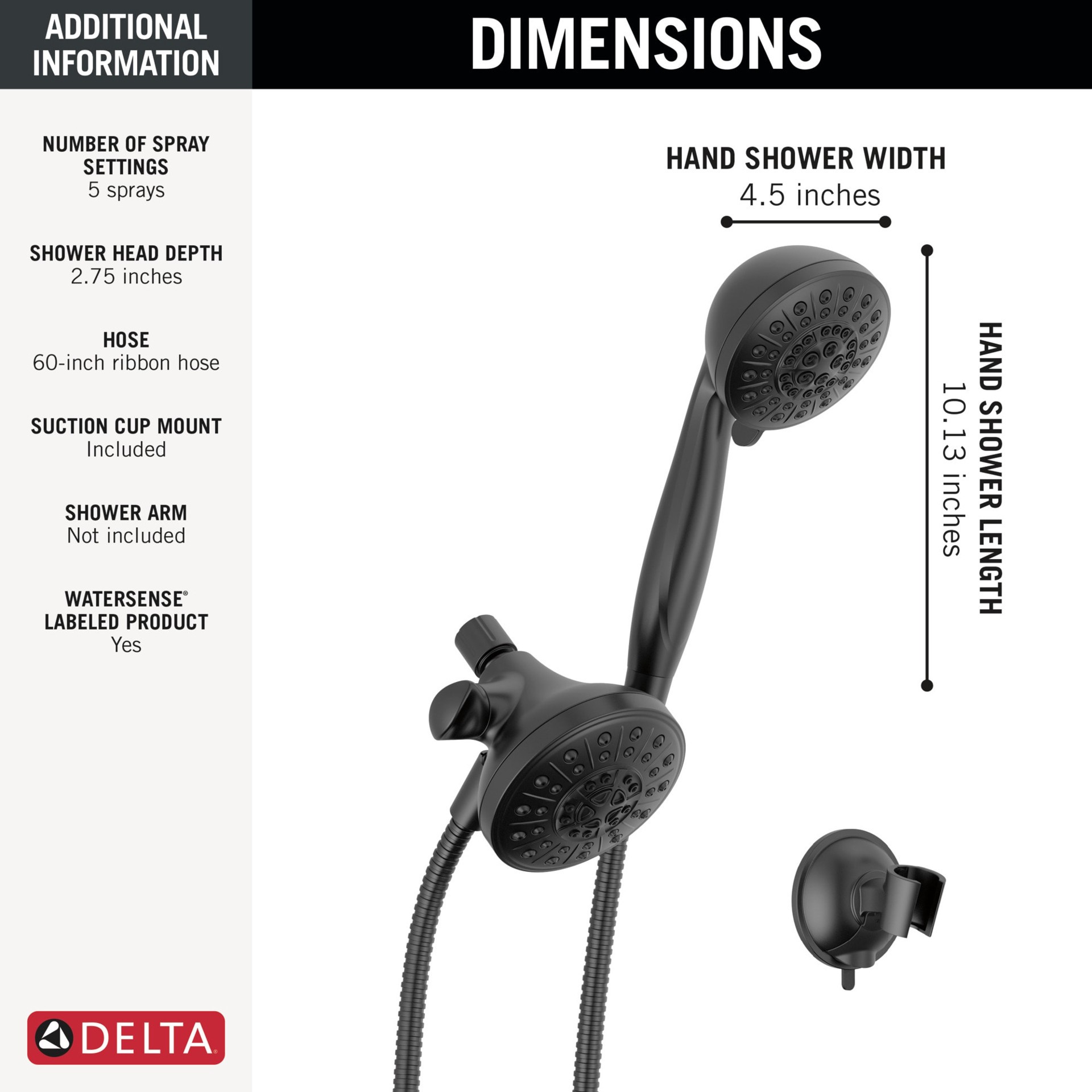 slide 3 of 6, Delta Anywhere Mount 5.0 -Spray Matte Black 4.5-in Round High Pressure Shower Head with Handheld Combo 1.75 GPM, 1 ct