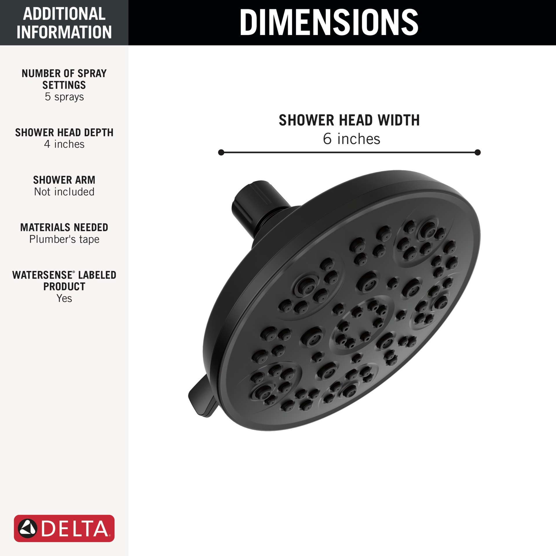 slide 3 of 6, Delta Universal Showering Components 5.0 -Spray Matte Black 6-in Round High Pressure Shower Head 1.75 GPM, 1 ct