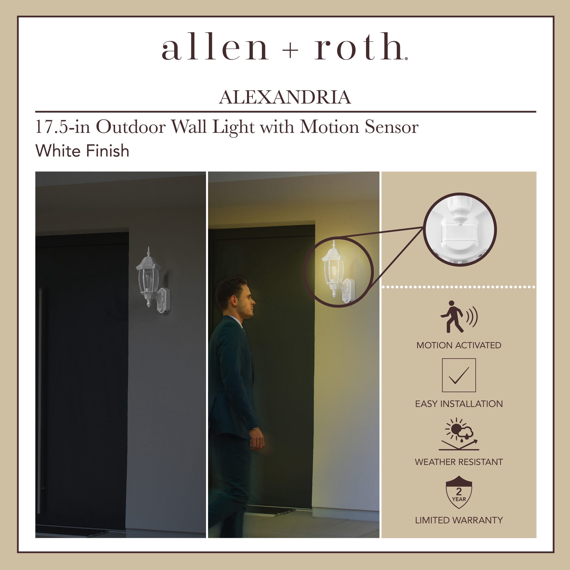 slide 6 of 6, allen + roth Alexandria 1 -Light 17.5-in H White Hardwired Motion Sensor Outdoor Wall Light, 1 ct