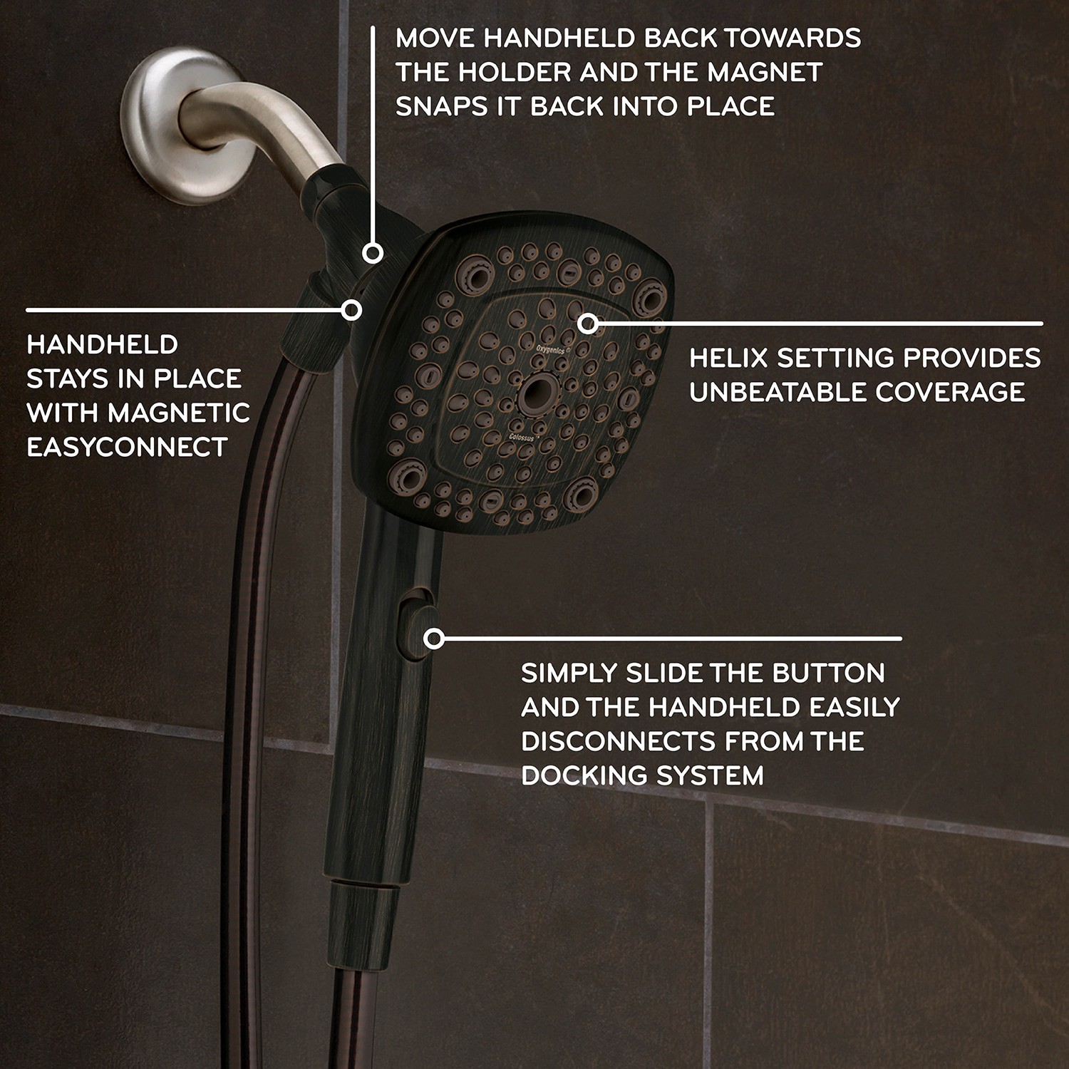 slide 2 of 6, Oxygenics EasyConnect w/ Colossus 8.0 -Spray Oil Rubbed Bronze 4.53-in Square High Pressure Handheld Shower Head 1.8 GPM, 1 ct