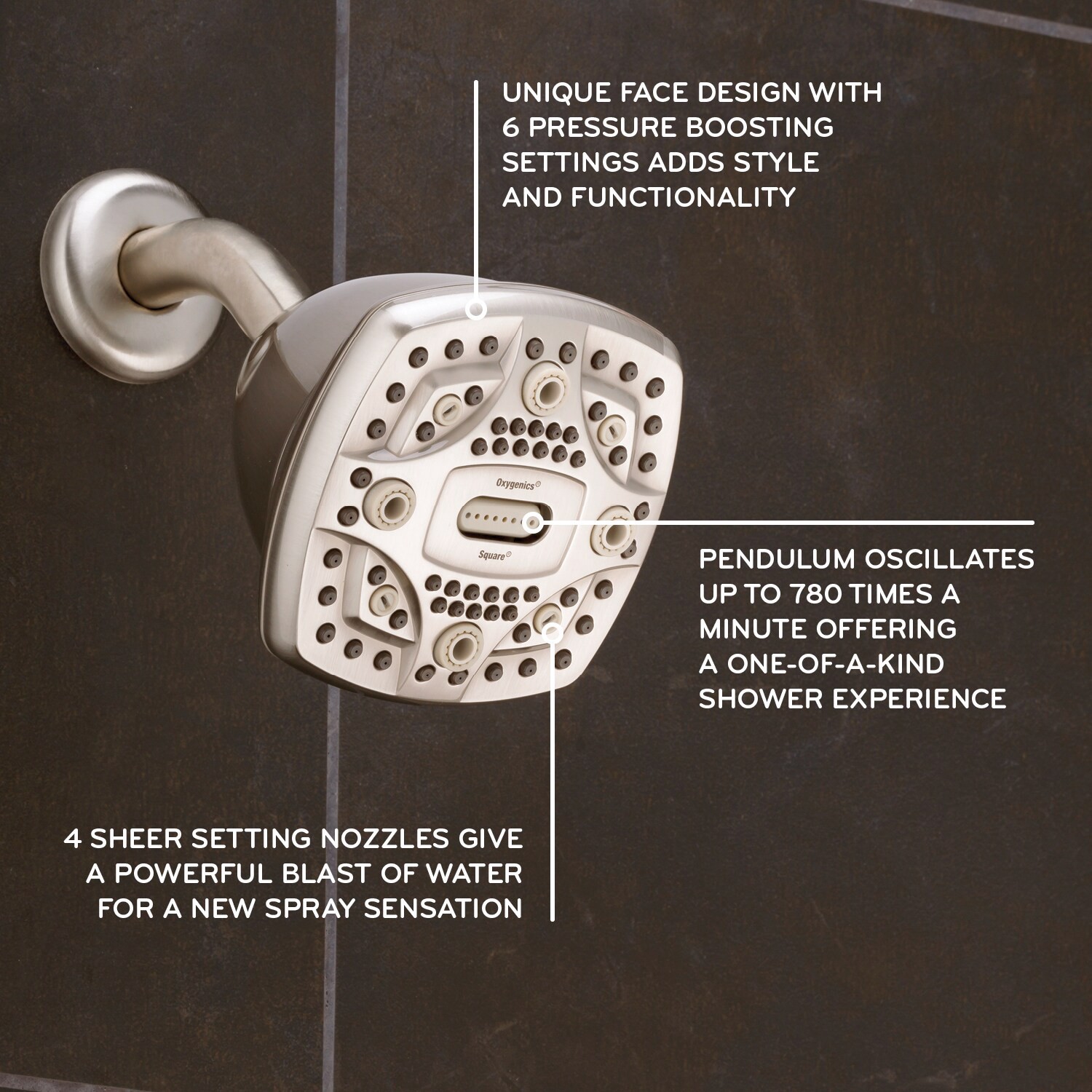 slide 2 of 6, Oxygenics 6.0 -Spray Brushed Nickel 4.5-in Square High Pressure Shower Head 1.8 GPM, 1 ct