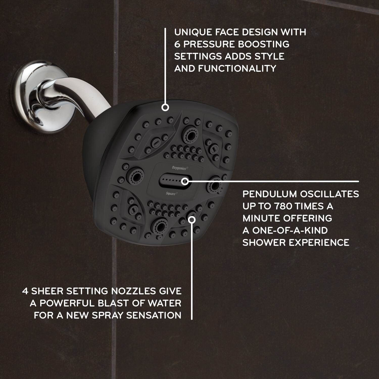 slide 2 of 6, Oxygenics 6.0 -Spray Matte Black 4.5-in Square High Pressure Shower Head 1.8 GPM, 1 ct