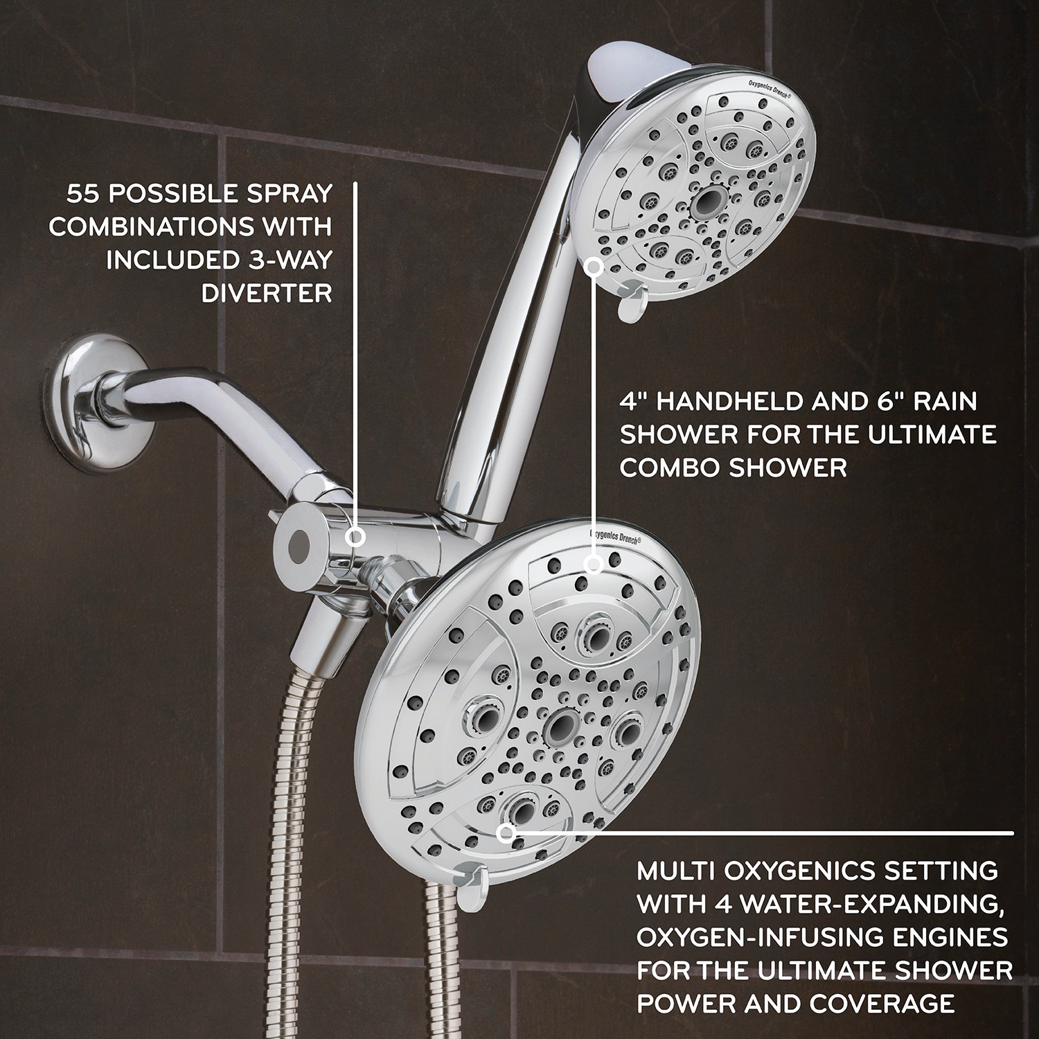 slide 2 of 6, Oxygenics Drench 55.0 -Spray Chrome 6-in Round Rain High Pressure Shower Head with Handheld Combo 1.8 GPM, 1 ct