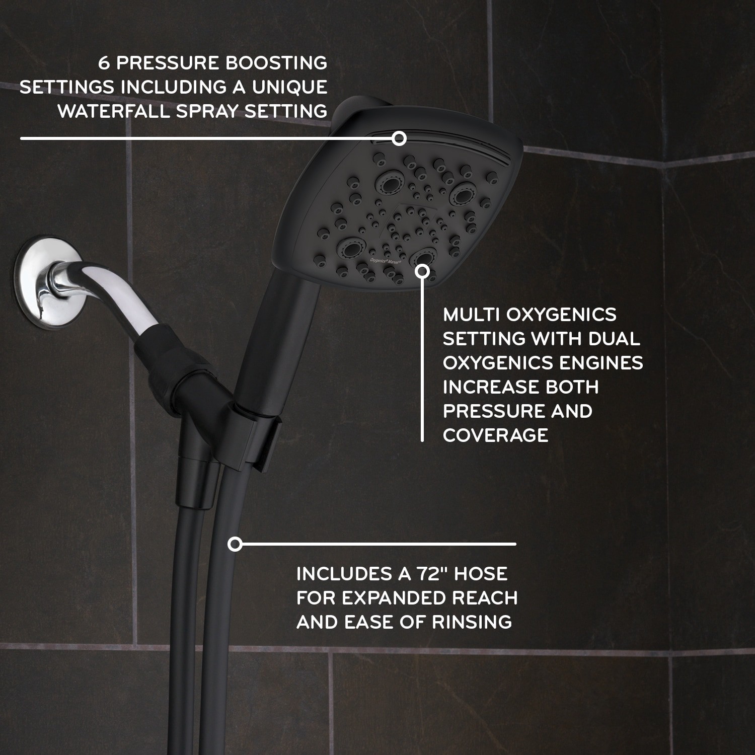 slide 2 of 6, Oxygenics Marvel 6.0 -Spray Matte Black 4.88-in Square High Pressure Handheld Shower Head 1.8 GPM, 1 ct