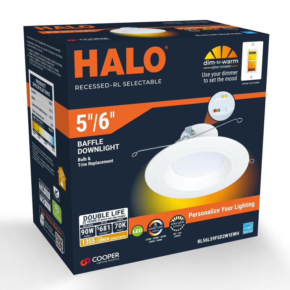 slide 2 of 6, HALO Retrofit Matte White 5-in or 6-in 1200 -Lumens Switchable Round Dimmable LED Wet rated Recessed Downlight, 1 ct