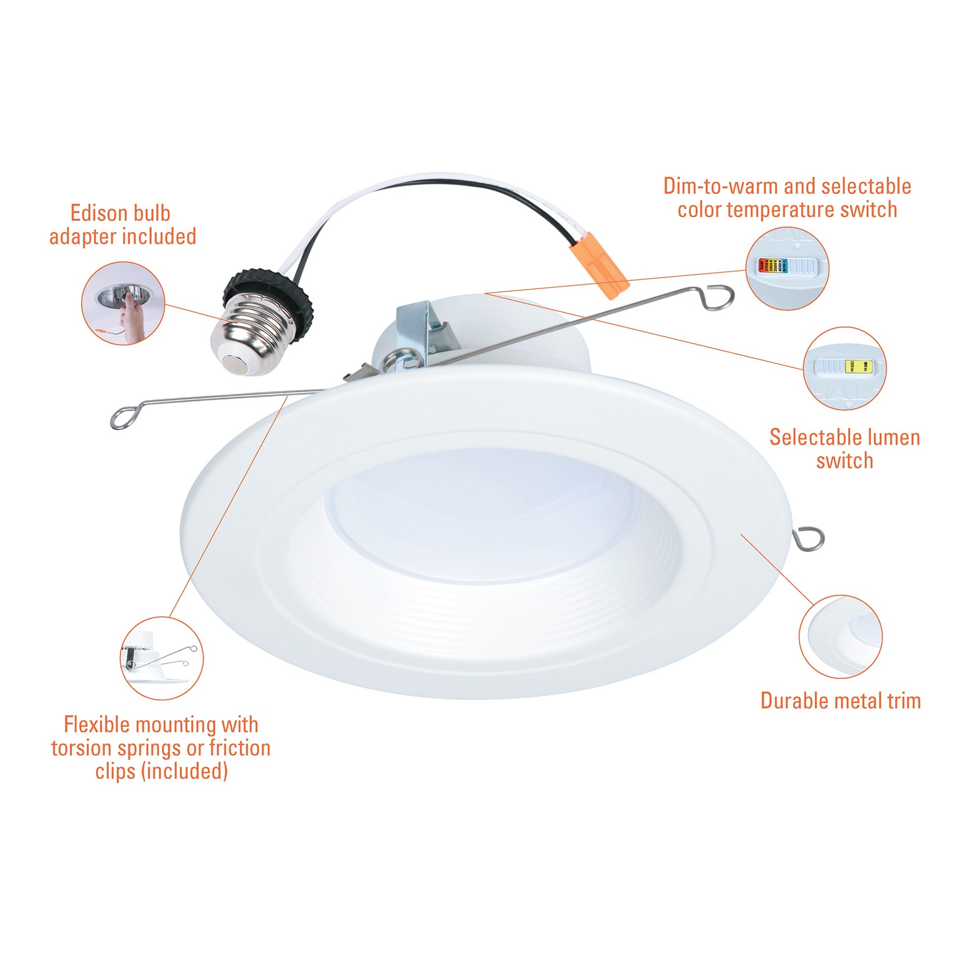 slide 4 of 6, HALO Retrofit Matte White 5-in or 6-in 1200 -Lumens Switchable Round Dimmable LED Wet rated Recessed Downlight, 1 ct