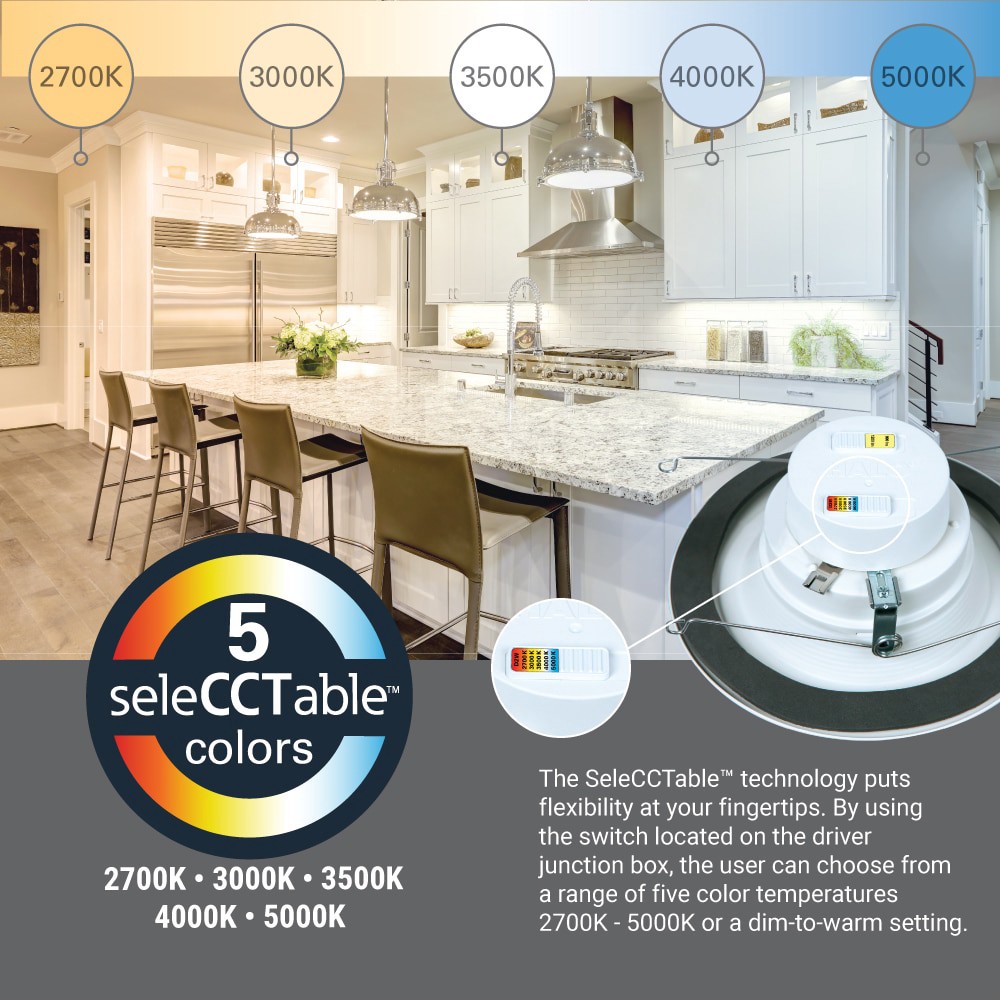 slide 6 of 6, HALO Retrofit Matte White 5-in or 6-in 1200 -Lumens Switchable Round Dimmable LED Wet rated Recessed Downlight, 1 ct