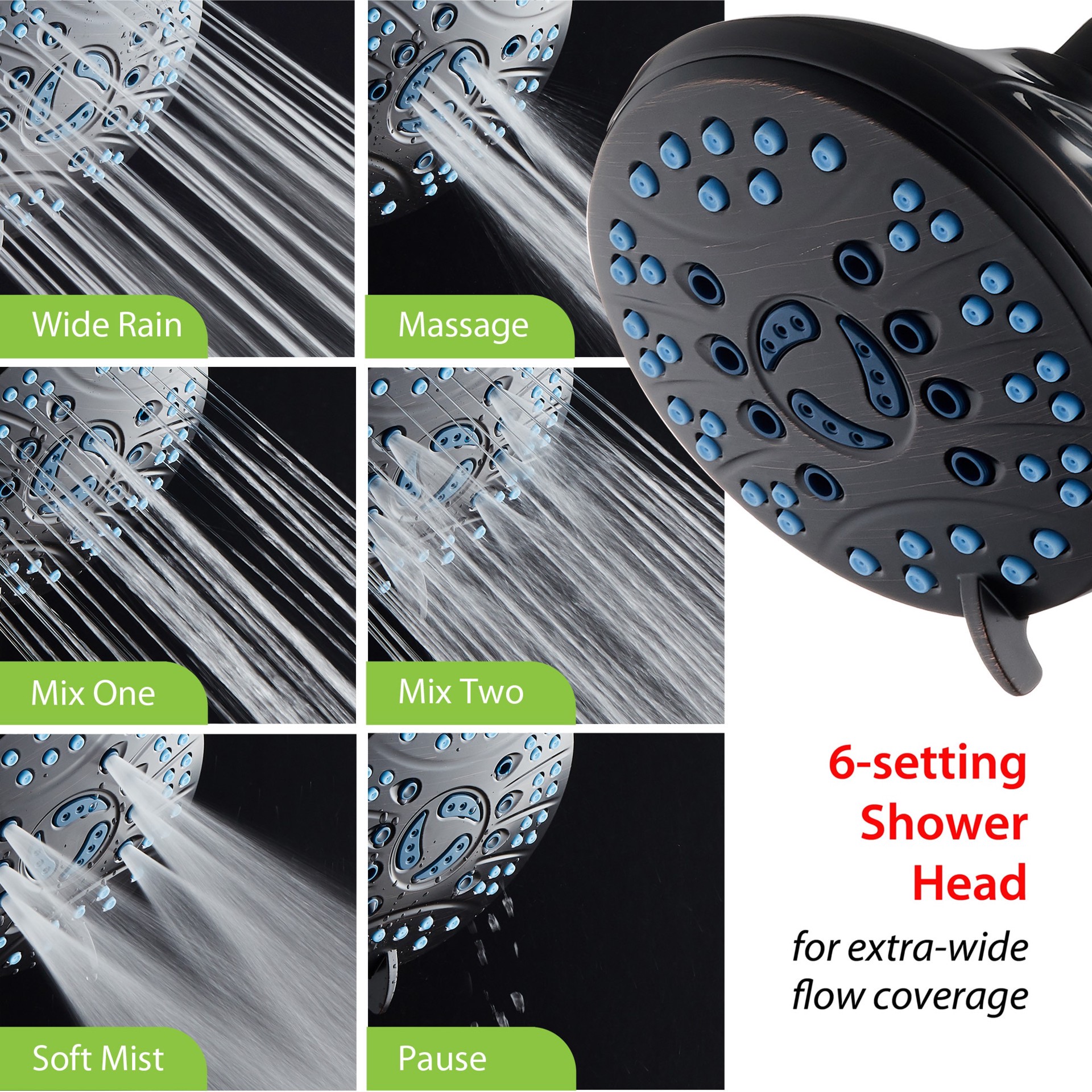 slide 3 of 6, AquaCare 6 -Spray Matte Black 4.6-in Round Rain Shower Head 1.8 GPM, 1 ct