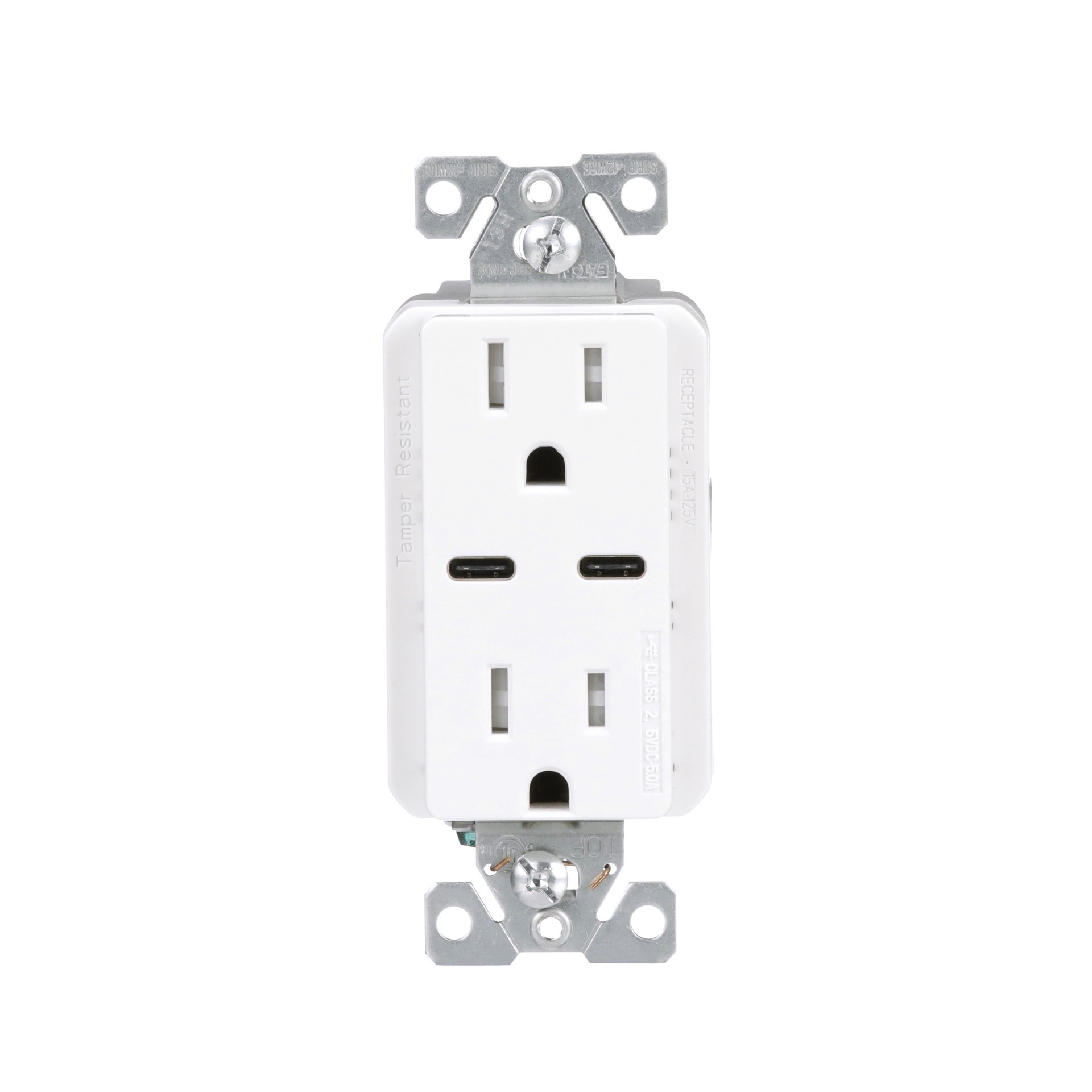 slide 1 of 6, Eaton 15 -Amp 125-volt Tamper Resistant Residential Decorator USB outlet Dual Type C , White, 1 ct