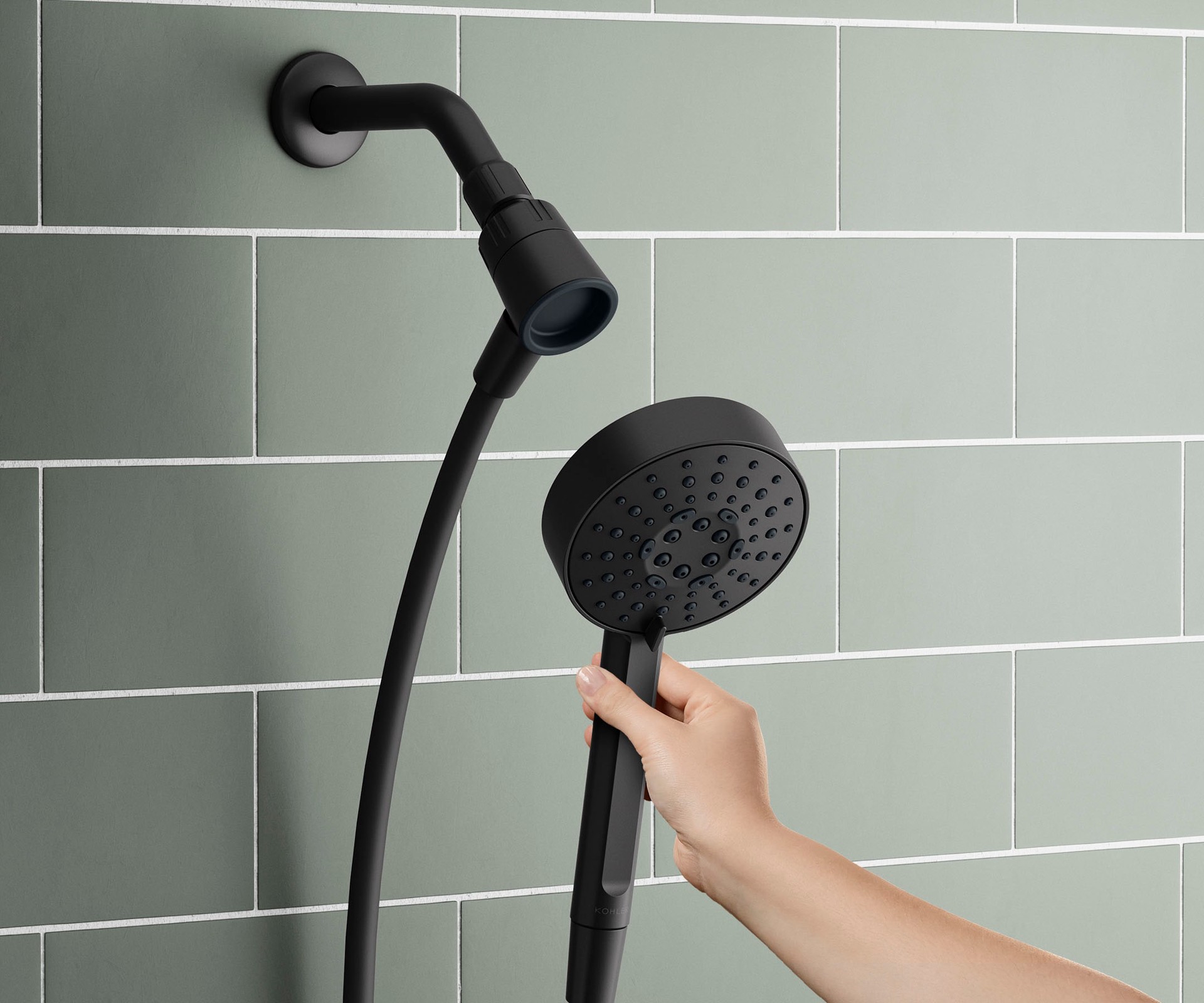 slide 4 of 6, KOHLER Premise 3 -Spray Matte Black 4.31-in Round Handheld Shower Head 1.75 GPM, 1 ct