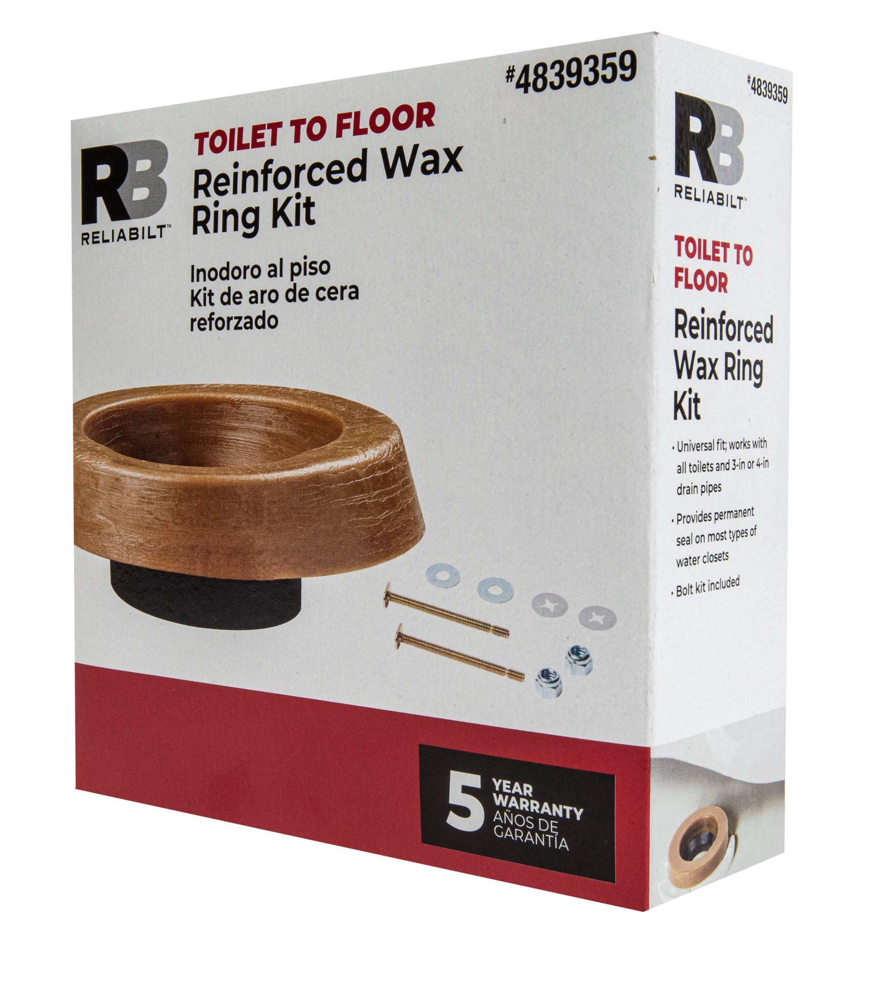 slide 3 of 5, RELIABILT Reinforced 4.9-in Brown Wax Toilet wax ring with bolts, 1 ct
