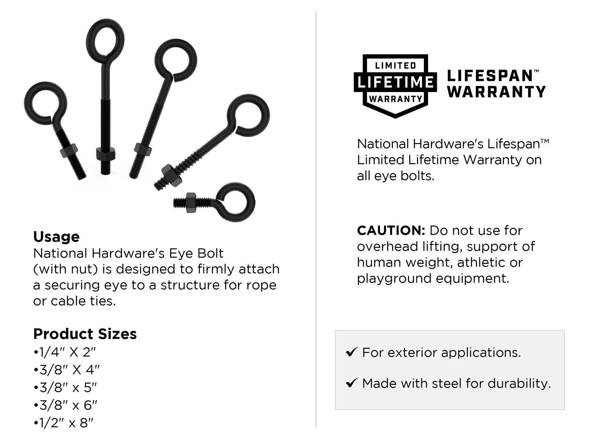 slide 3 of 4, National Hardware 3/4-in 10-in Zinc-plated Interior/Exterior Coarse Thread Eye Bolt, 1 ct