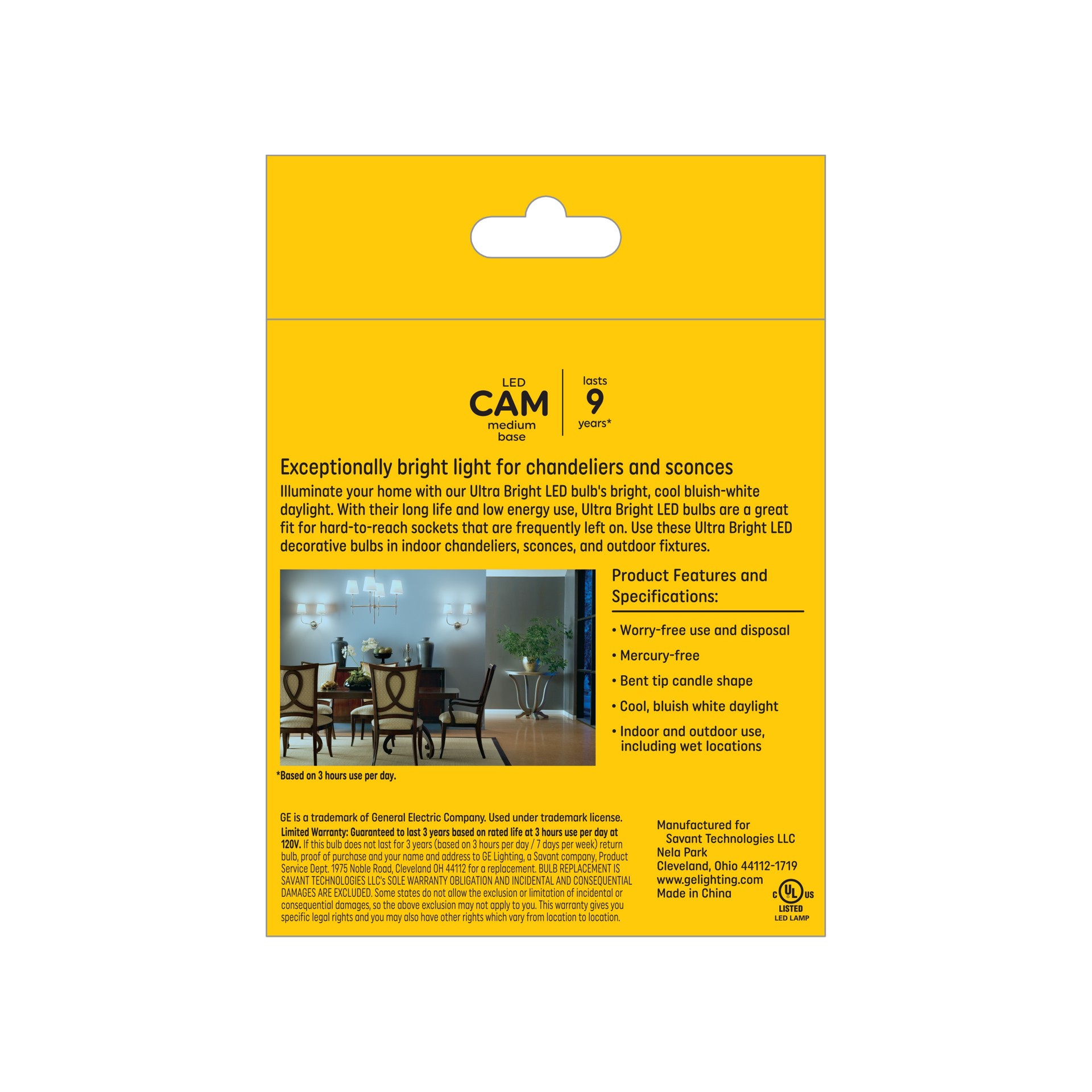 slide 4 of 6, GE Ultra Bright LED 100 -Watt EQ CA12 Daylight Medium base (E-26) Dimmable LED Decorative Light Bulb 3 -Pack, 1 ct