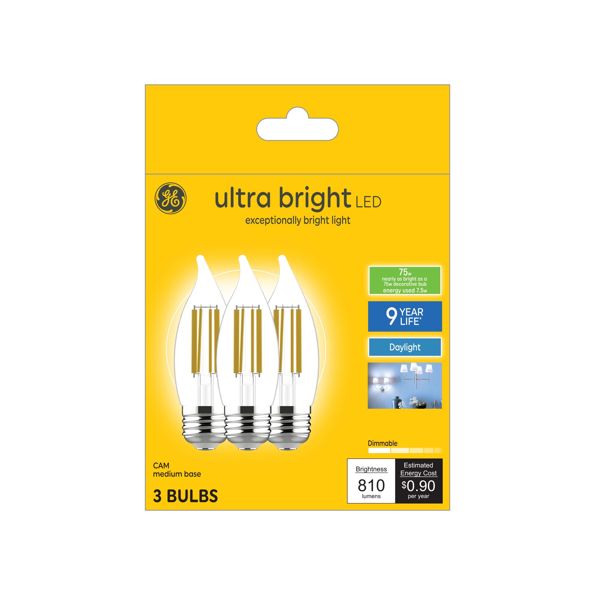 slide 1 of 6, GE Ultra Bright LED 100 -Watt EQ CA12 Daylight Medium base (E-26) Dimmable LED Decorative Light Bulb 3 -Pack, 1 ct