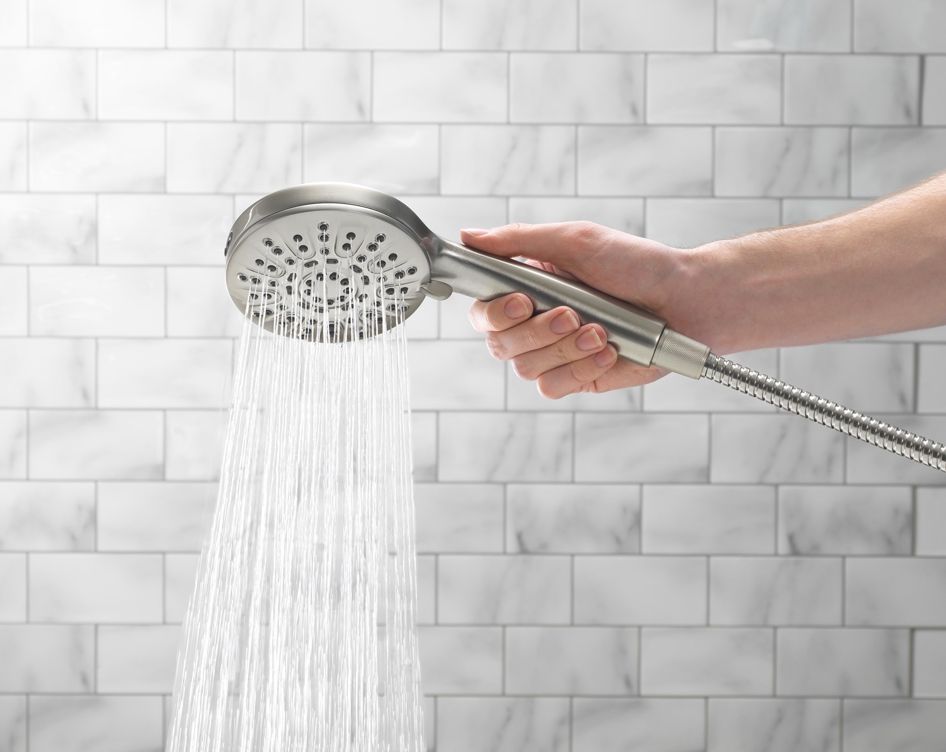 slide 4 of 6, allen + roth Nevis 6 -Spray Brushed Nickel 4-in Round Handheld Shower Head 1.8 GPM, 1 ct