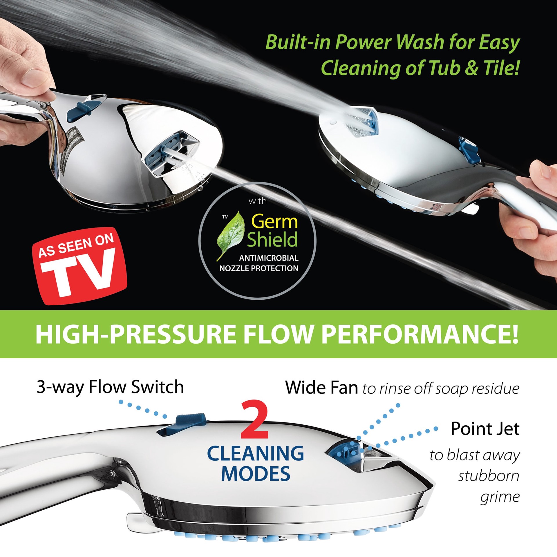 slide 5 of 6, AquaCare 50.0 -Spray Chrome 4.5-in Round Shower Head with Handheld Combo 1.8 GPM, 1 ct