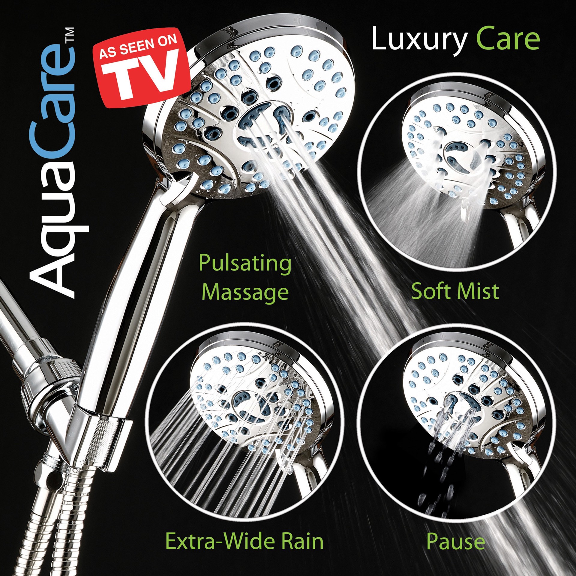 slide 6 of 6, AquaCare 50.0 -Spray Chrome 4.5-in Round Shower Head with Handheld Combo 1.8 GPM, 1 ct