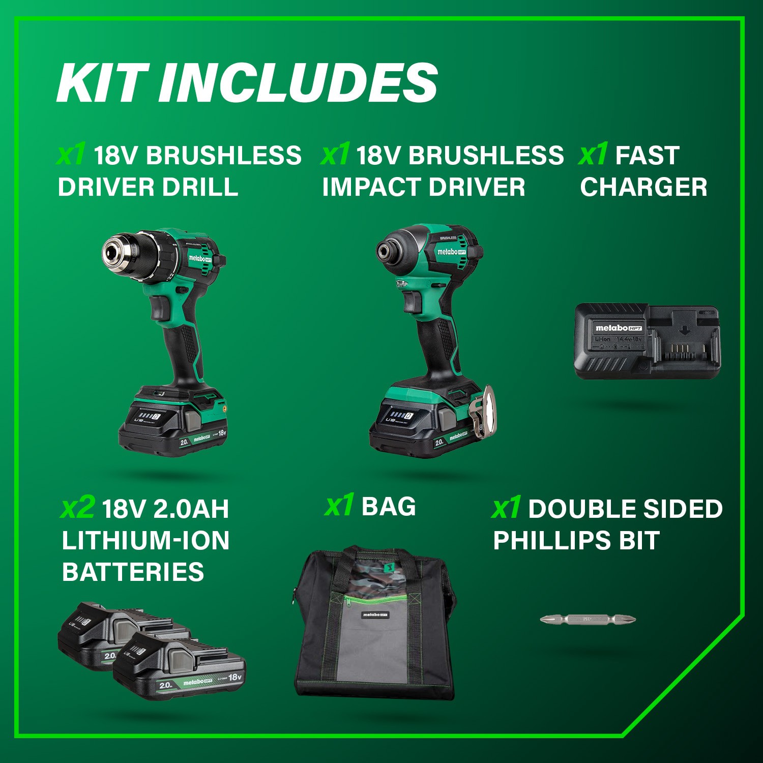 slide 5 of 6, Metabo HPT MultiVolt 18-volt 2-Tool Brushless Power Tool Combo Kit with Soft Case (2-Batteries Included and Charger Included), 1 ct