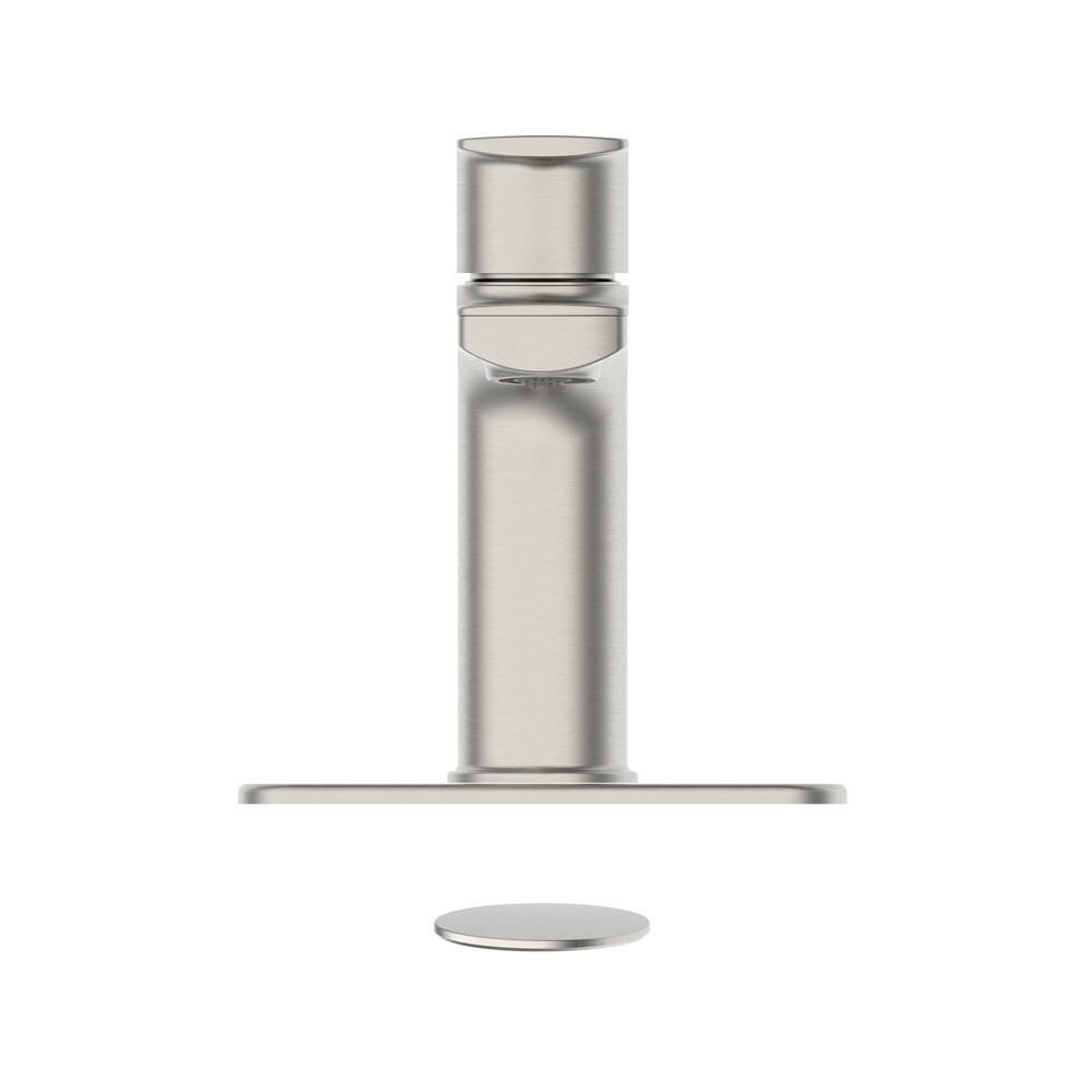 slide 4 of 6, allen + roth Candace Brushed Nickel Single hole 1-handle WaterSense Mid-arc Residential Handle Bathroom Sink Faucet with Drain with Deck Plate, 1 ct