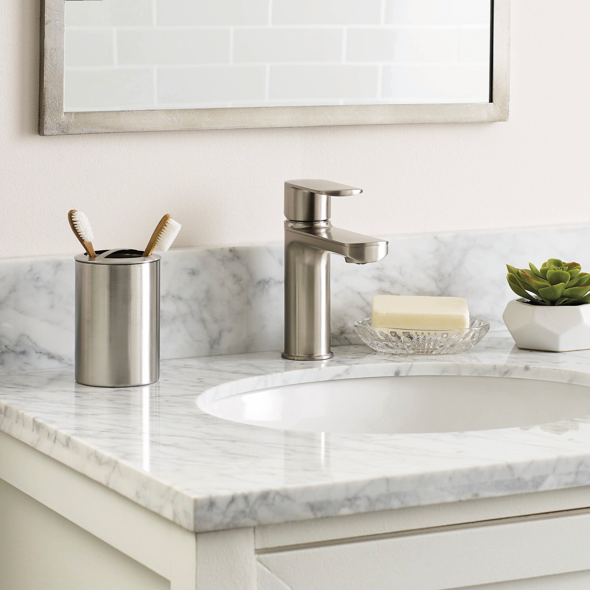 slide 6 of 6, allen + roth Candace Brushed Nickel Single hole 1-handle WaterSense Mid-arc Residential Handle Bathroom Sink Faucet with Drain with Deck Plate, 1 ct