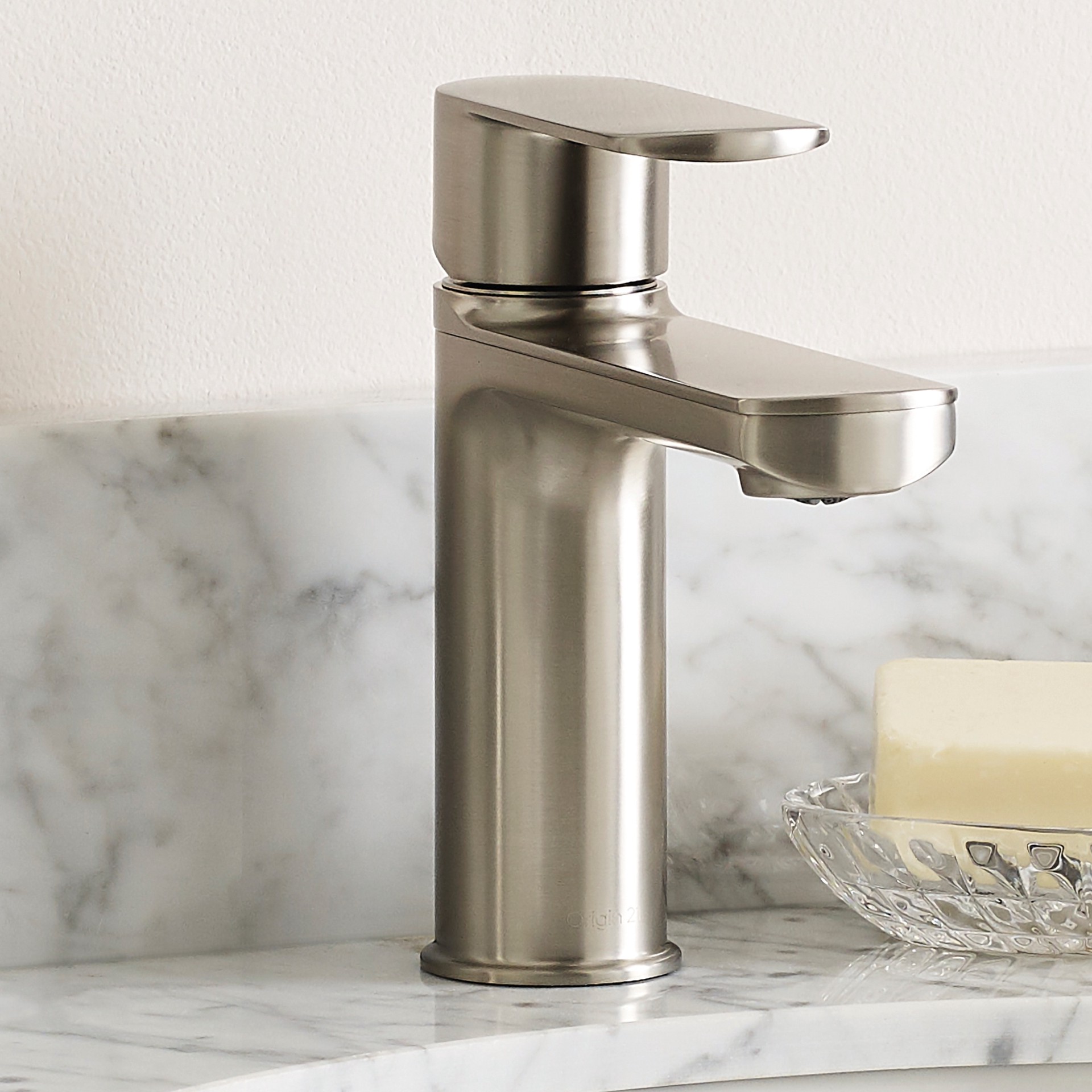 slide 1 of 6, allen + roth Candace Brushed Nickel Single hole 1-handle WaterSense Mid-arc Residential Handle Bathroom Sink Faucet with Drain with Deck Plate, 1 ct