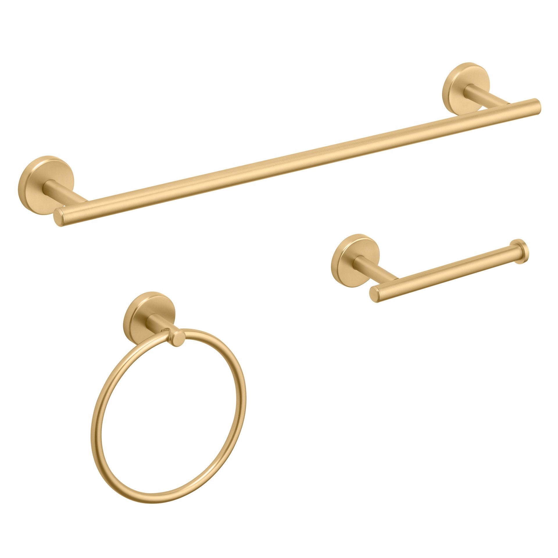 slide 3 of 6, allen + roth 3 -Piece Harlow Gold Decorative Bathroom Hardware Set Towel Bar, Toilet Paper Holder, Towel Ring Included, 1 ct