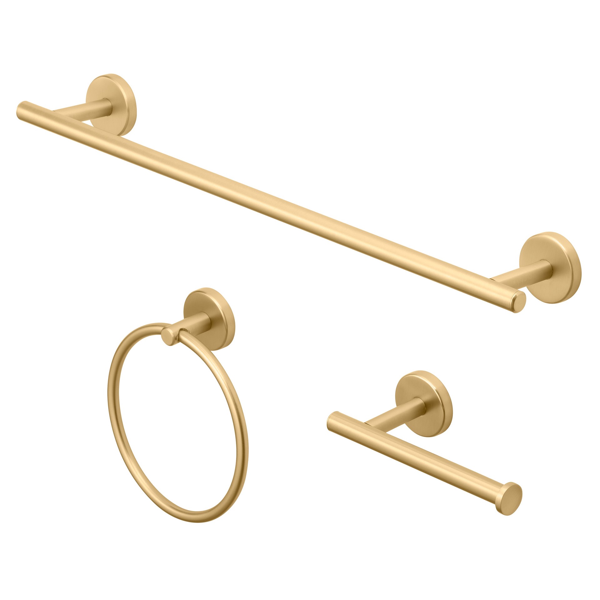 slide 1 of 6, allen + roth 3 -Piece Harlow Gold Decorative Bathroom Hardware Set Towel Bar, Toilet Paper Holder, Towel Ring Included, 1 ct