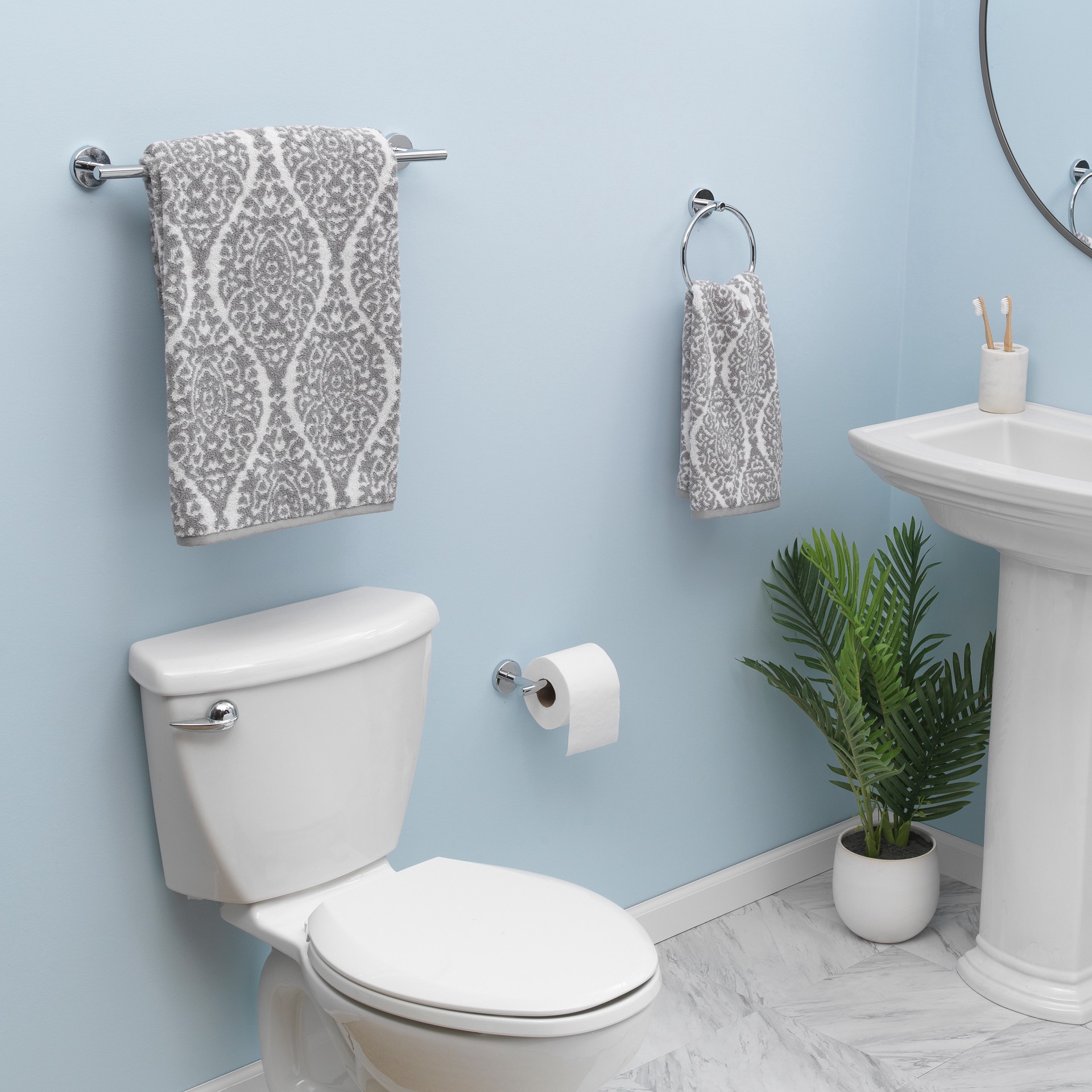 slide 6 of 6, allen + roth 3 -Piece Harlow Polished Chrome Decorative Bathroom Hardware Set Towel Bar, Toilet Paper Holder, Towel Ring Included, 1 ct