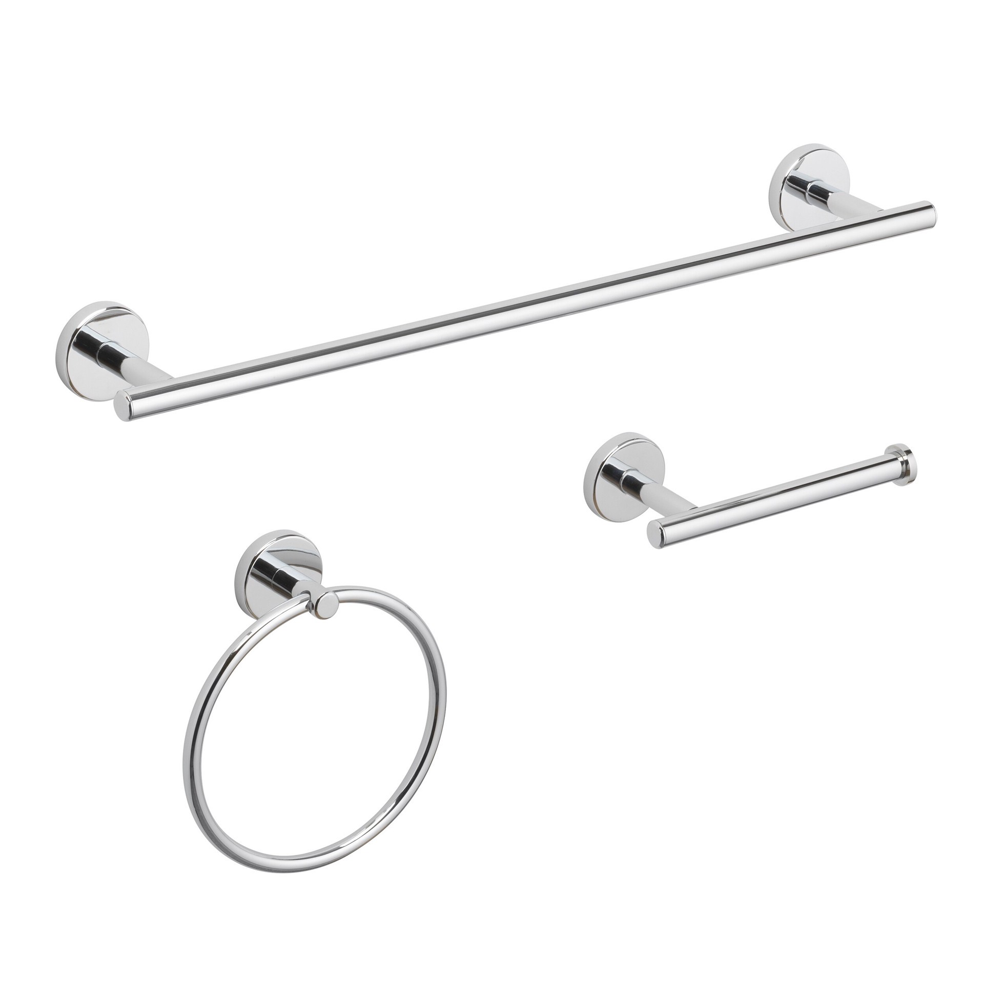 slide 3 of 6, allen + roth 3 -Piece Harlow Polished Chrome Decorative Bathroom Hardware Set Towel Bar, Toilet Paper Holder, Towel Ring Included, 1 ct