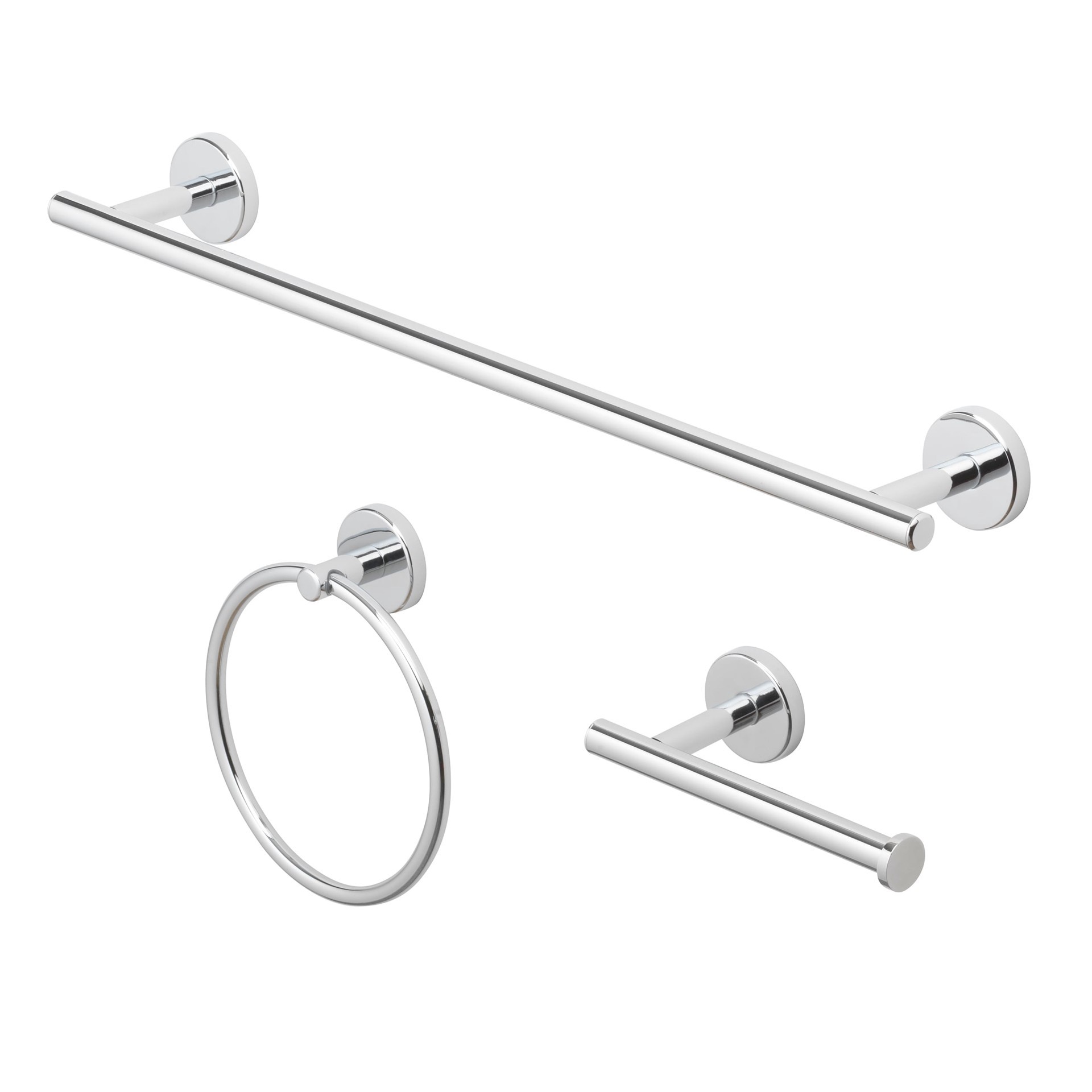 slide 1 of 6, allen + roth 3 -Piece Harlow Polished Chrome Decorative Bathroom Hardware Set Towel Bar, Toilet Paper Holder, Towel Ring Included, 1 ct
