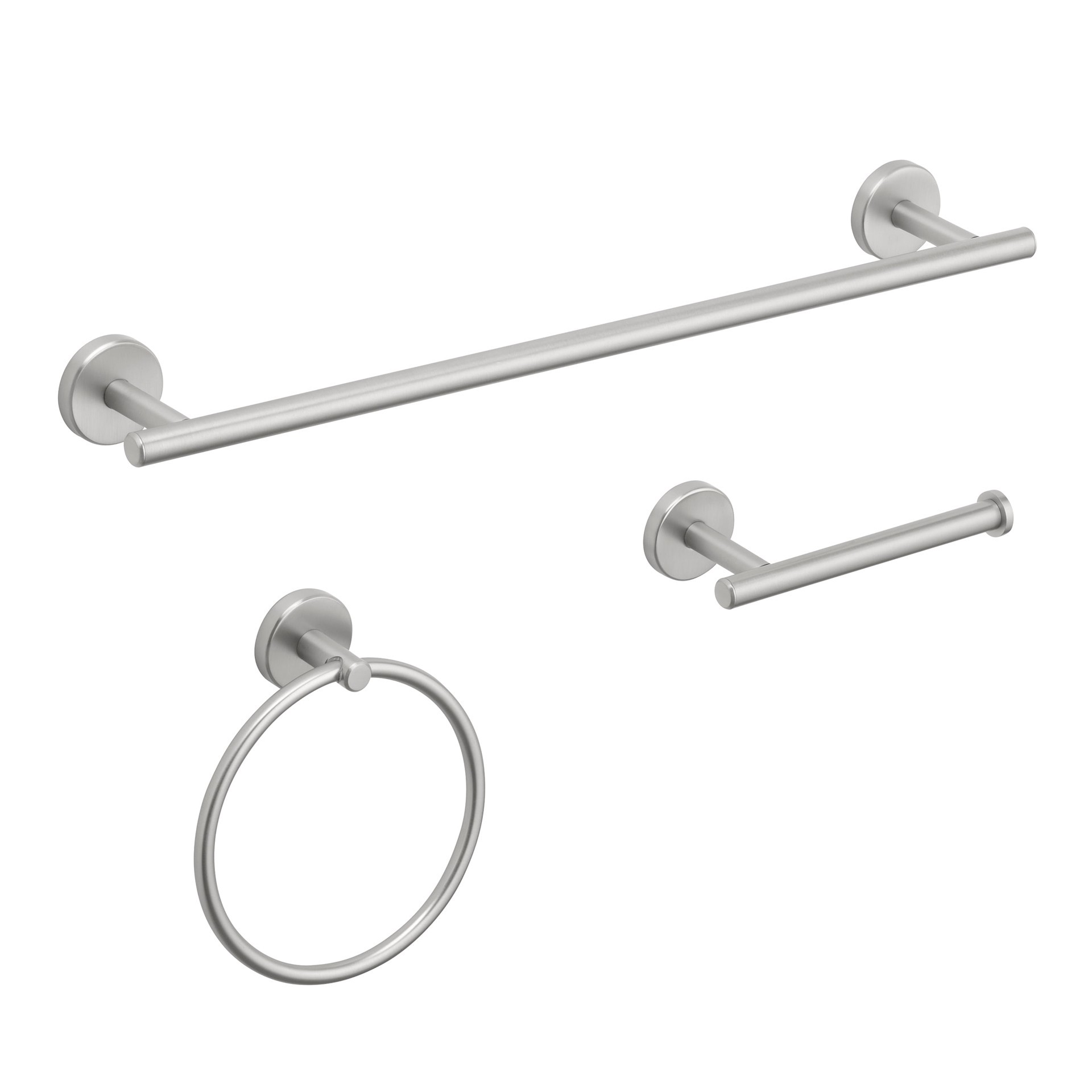 slide 3 of 6, allen + roth 3 -Piece Harlow Brushed Nickel Decorative Bathroom Hardware Set Towel Bar, Toilet Paper Holder, Towel Ring Included, 1 ct