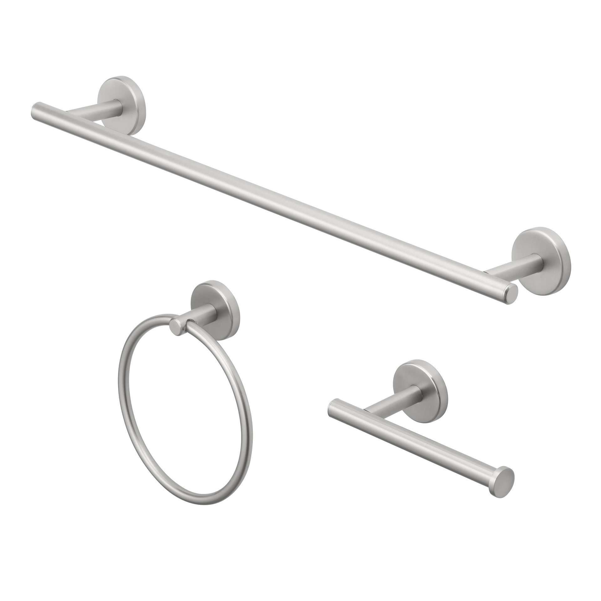 slide 1 of 6, allen + roth 3 -Piece Harlow Brushed Nickel Decorative Bathroom Hardware Set Towel Bar, Toilet Paper Holder, Towel Ring Included, 1 ct