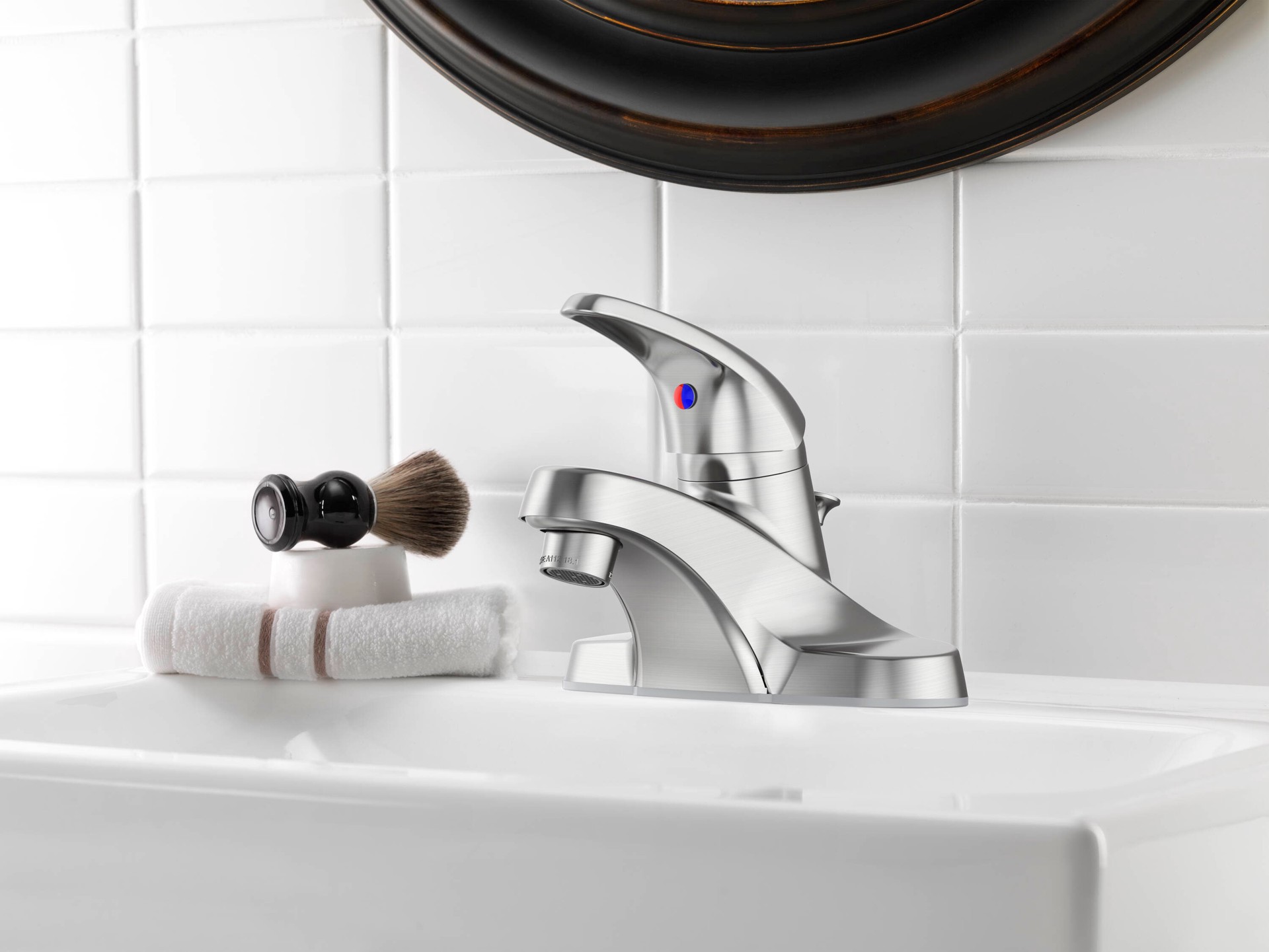 slide 3 of 6, Project Source Webber Brushed nickel 4-in centerset 1-handle WaterSense Low-arc Residential Handle Bathroom Sink Faucet with Drain with Deck Plate, 1 ct