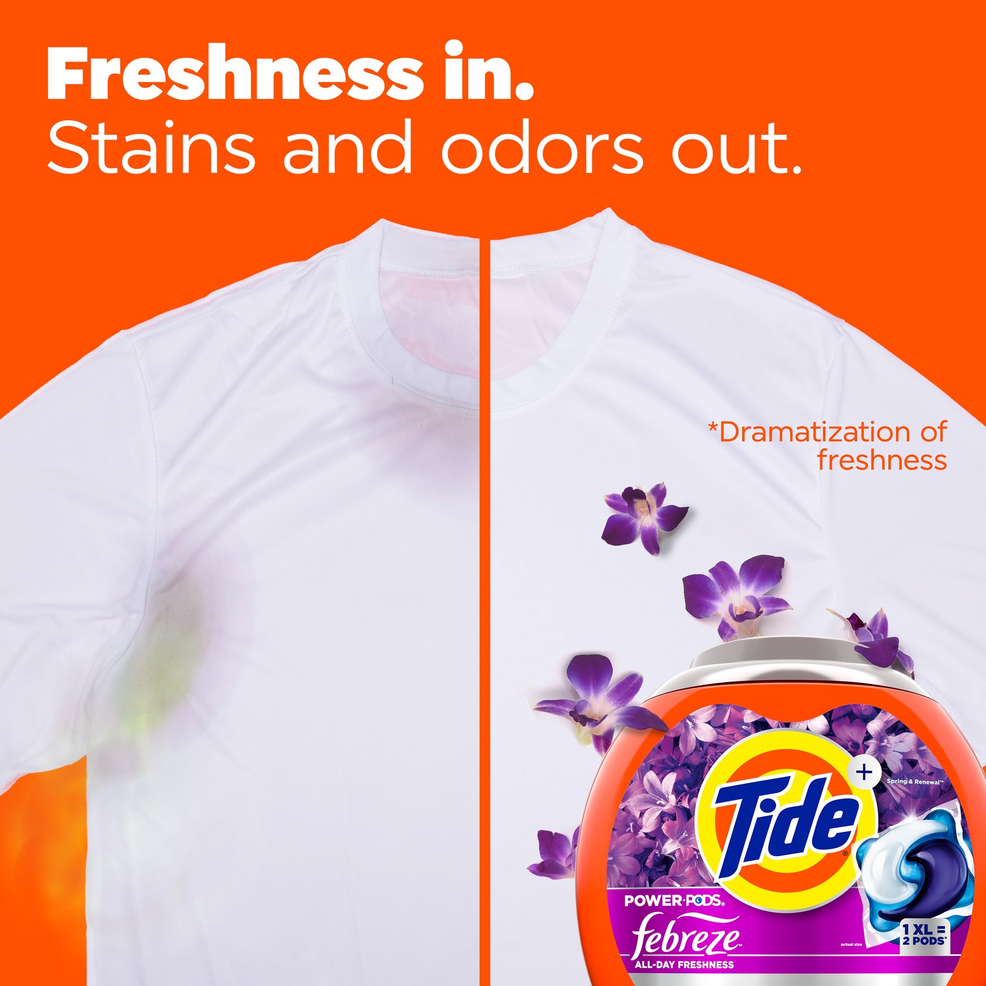slide 3 of 6, Tide Power Pods + Odor Eliminators Spring and Renewal HE Laundry Detergent 63 Loads 64 -Count, 1 ct