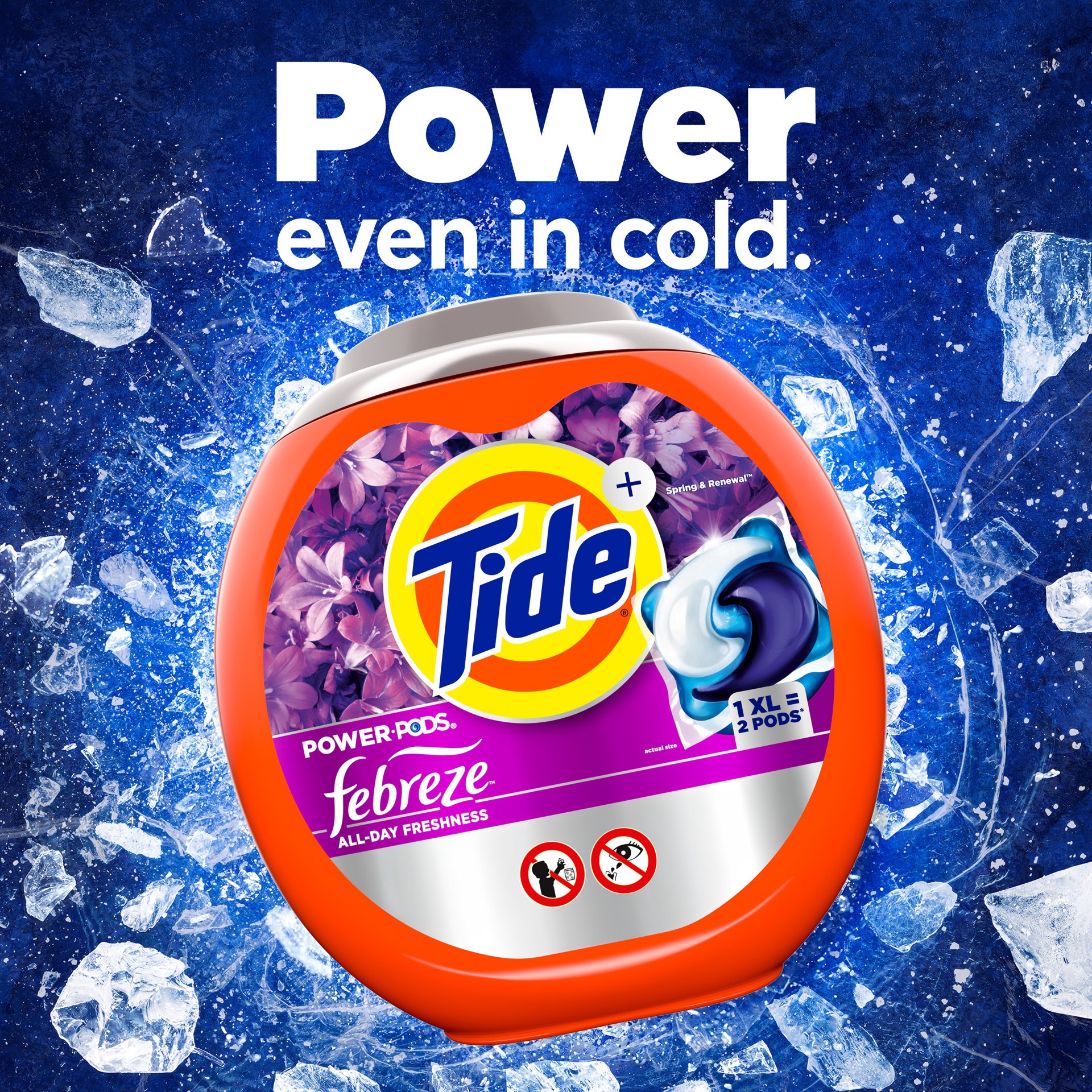 slide 5 of 6, Tide Power Pods + Odor Eliminators Spring and Renewal HE Laundry Detergent 63 Loads 64 -Count, 1 ct