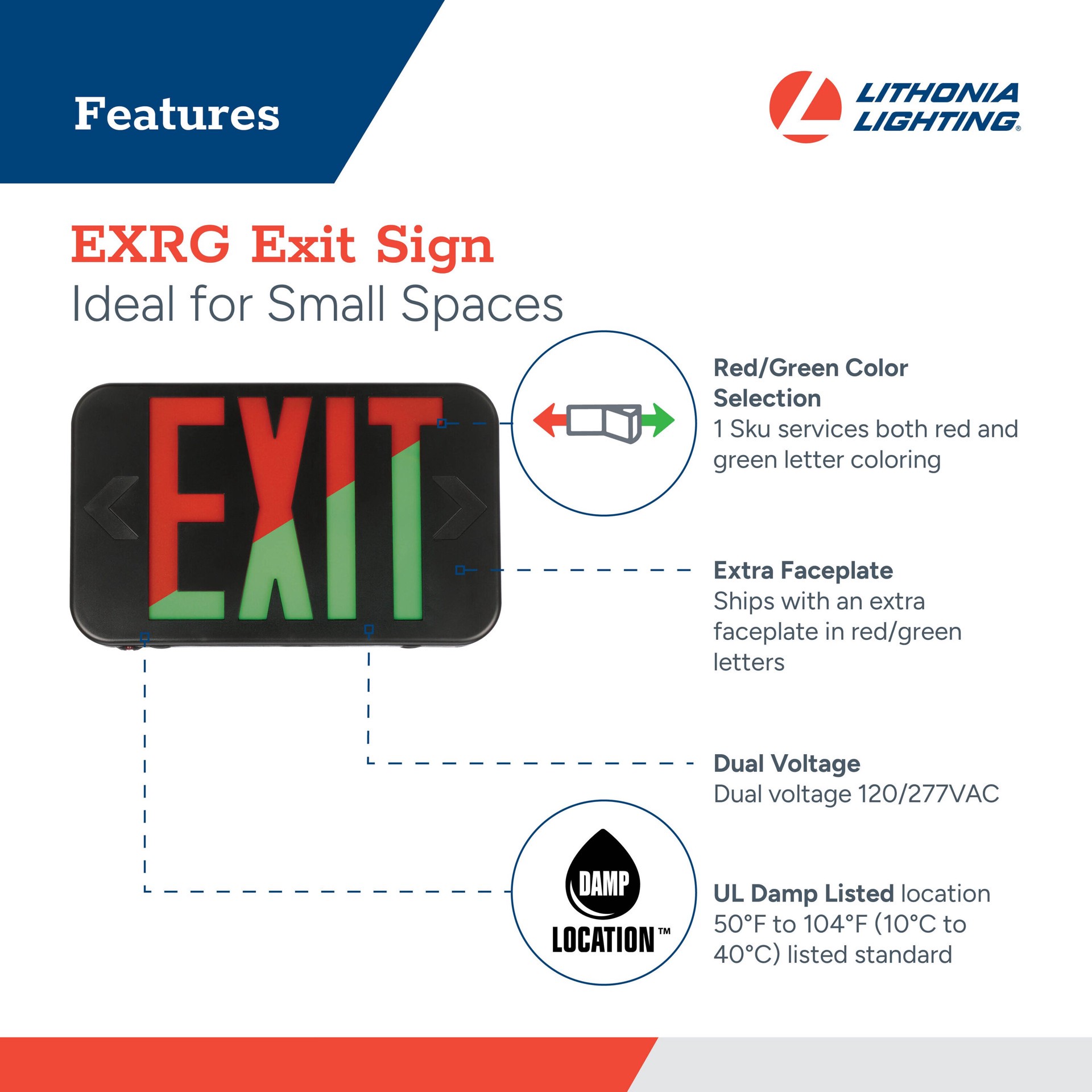 slide 3 of 6, Lithonia Lighting EXRG Series 0.3 -Watt 120/277 -Volt LED Black Hardwired Exit light with Red/Green Lights, 1 ct