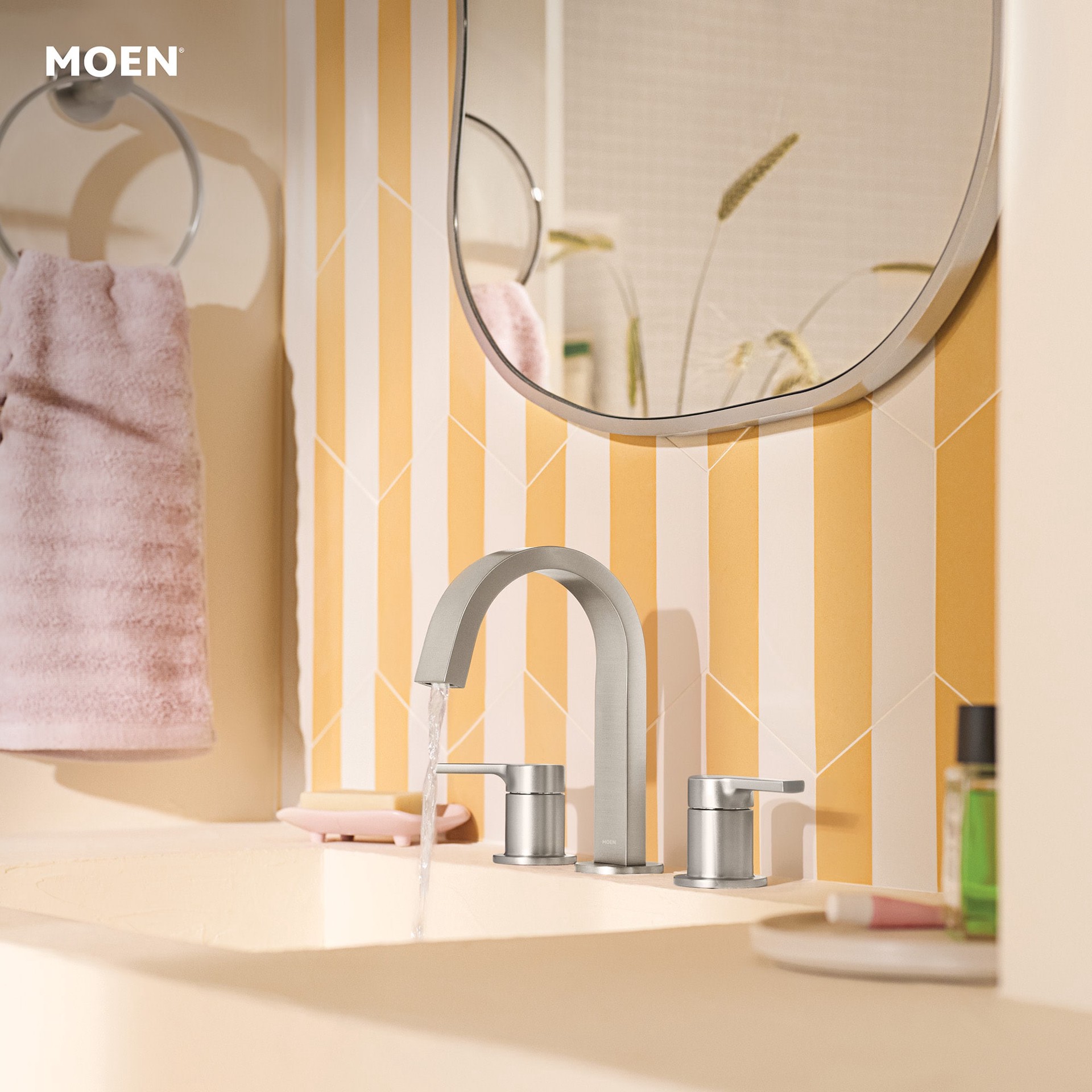 slide 2 of 6, Moen Avri Spot Resist Brushed Nickel Widespread 2-handle WaterSense High-arc Commercial/Residential Handle Bathroom Sink Faucet with Drain, 1 ct