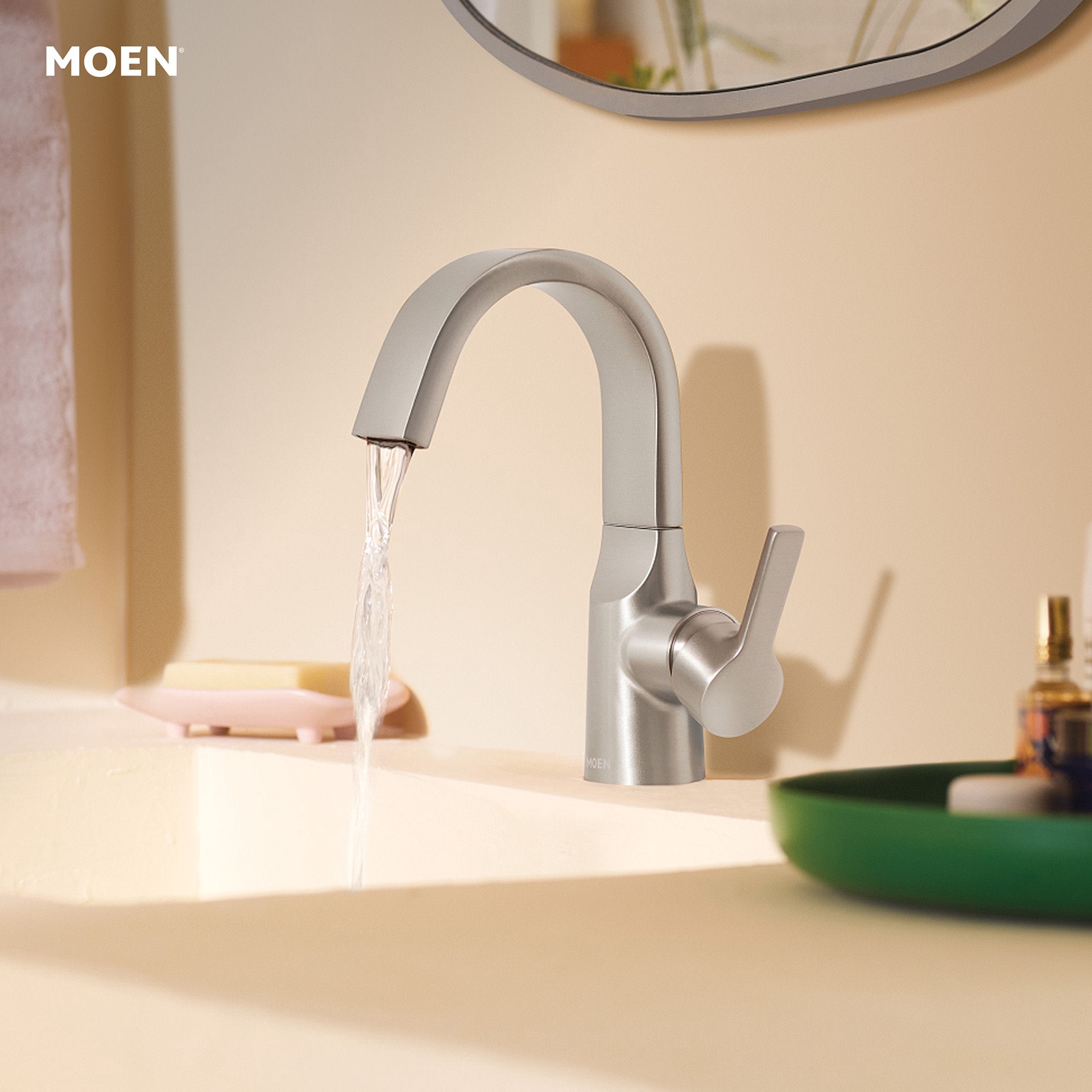 slide 2 of 6, Moen Avri Spot Resist Brushed Nickel Single hole 1-handle WaterSense High-arc Commercial/Residential Handle Bathroom Sink Faucet with Drain with Deck Plate, 1 ct