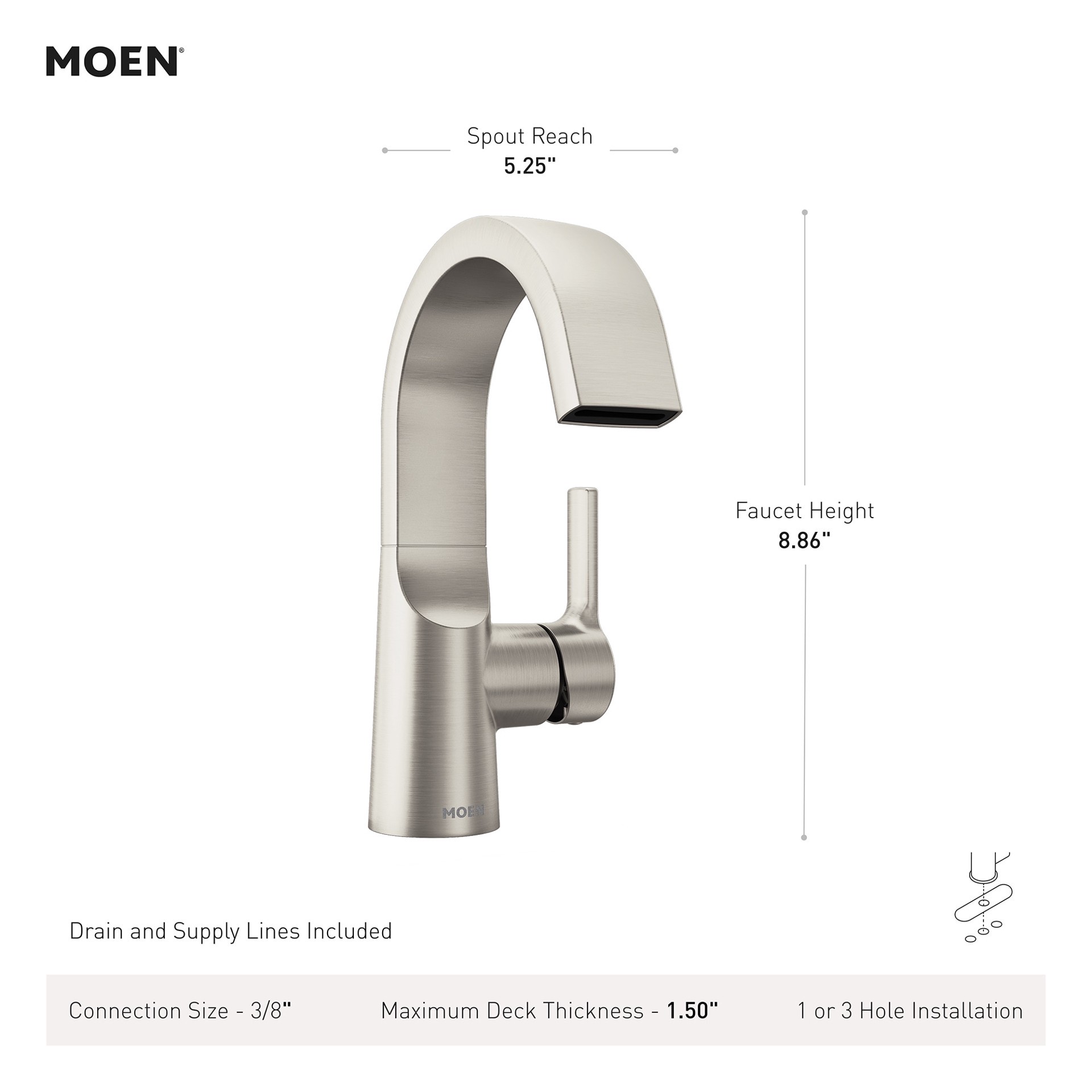 slide 3 of 6, Moen Avri Spot Resist Brushed Nickel Single hole 1-handle WaterSense High-arc Commercial/Residential Handle Bathroom Sink Faucet with Drain with Deck Plate, 1 ct