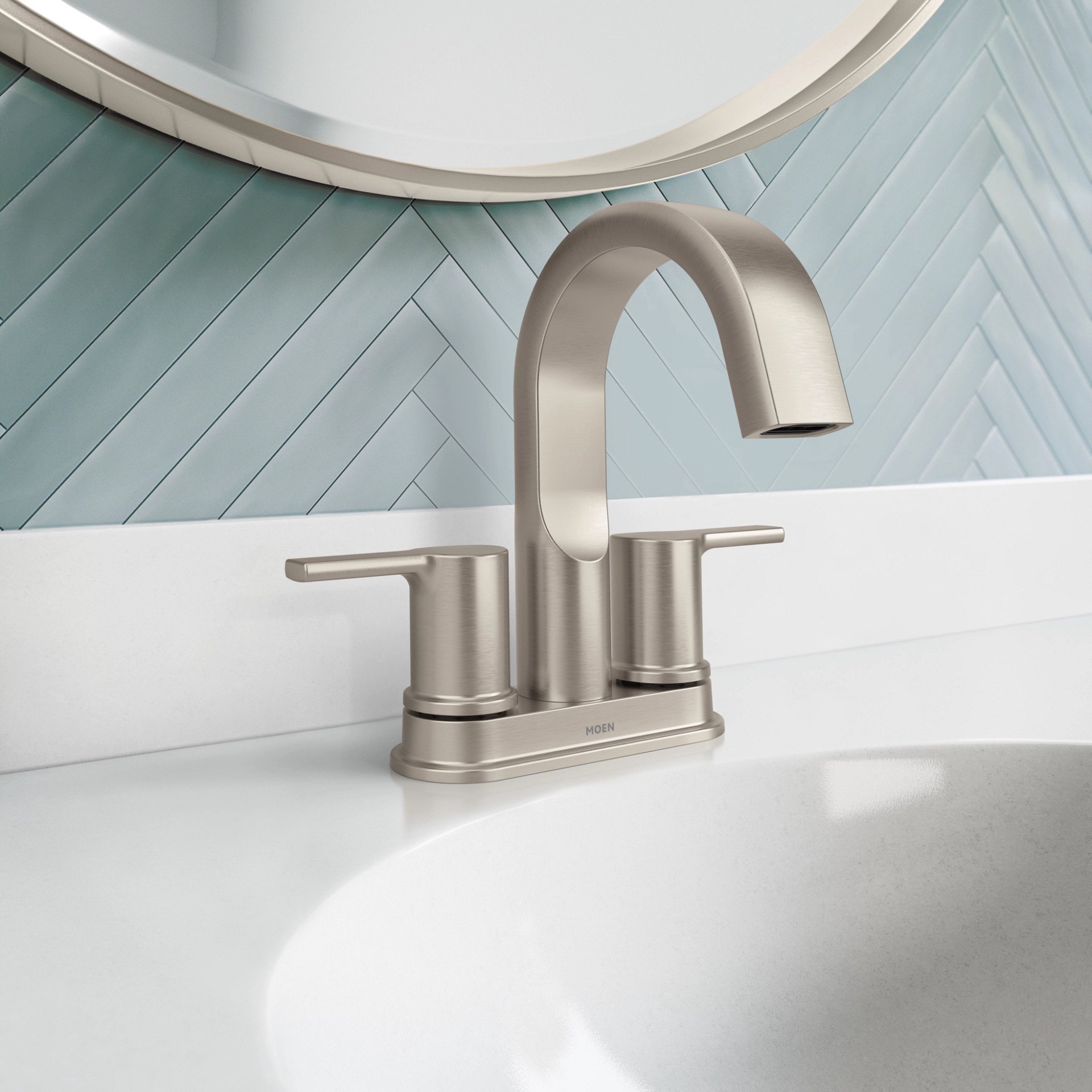 slide 2 of 6, Moen Avri Spot Resist Brushed Nickel 4-in centerset 2-handle WaterSense High-arc Commercial/Residential Handle Bathroom Sink Faucet with Drain, 1 ct