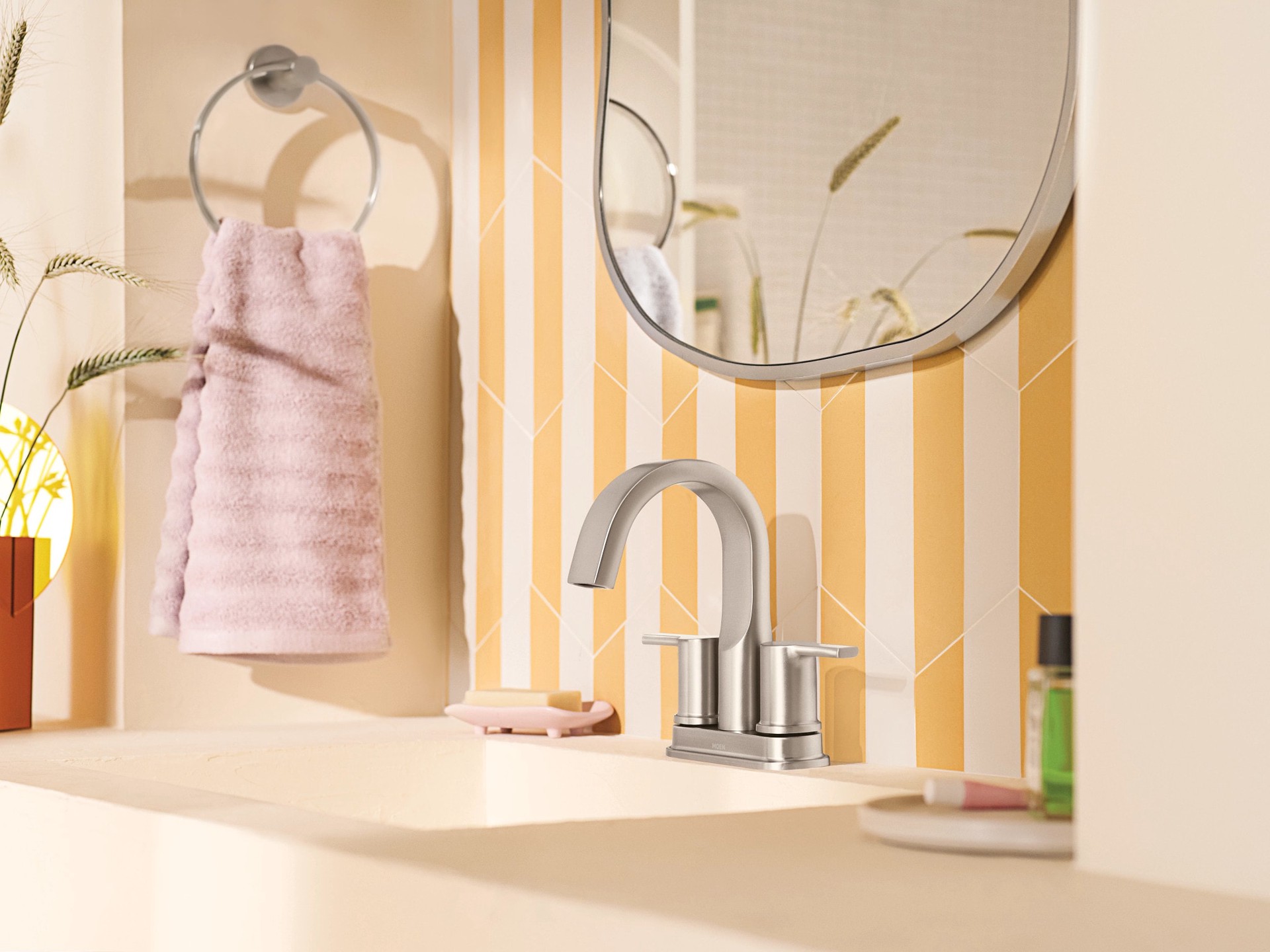 slide 5 of 6, Moen Avri Spot Resist Brushed Nickel 4-in centerset 2-handle WaterSense High-arc Commercial/Residential Handle Bathroom Sink Faucet with Drain, 1 ct