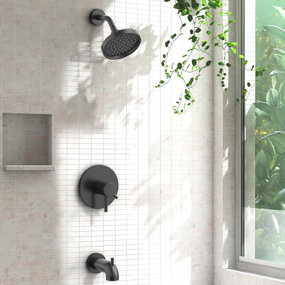 slide 1 of 6, allen + roth Harlow Matte Black 2-handle 6-in Round Bathtub and shower Faucet with Valve (Single Function), 1 ct