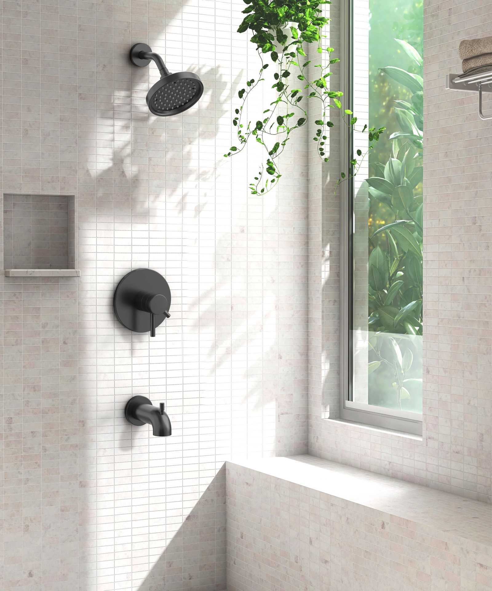 slide 4 of 6, allen + roth Harlow Matte Black 2-handle 6-in Round Bathtub and shower Faucet with Valve (Single Function), 1 ct