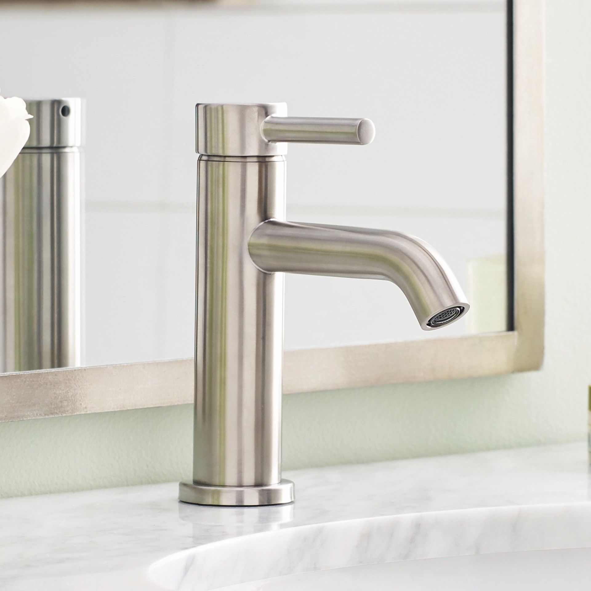 slide 1 of 6, allen + roth Harlow Brushed Nickel Single hole 1-handle WaterSense Mid-arc Residential Handle Bathroom Sink Faucet with Drain with Deck Plate, 1 ct
