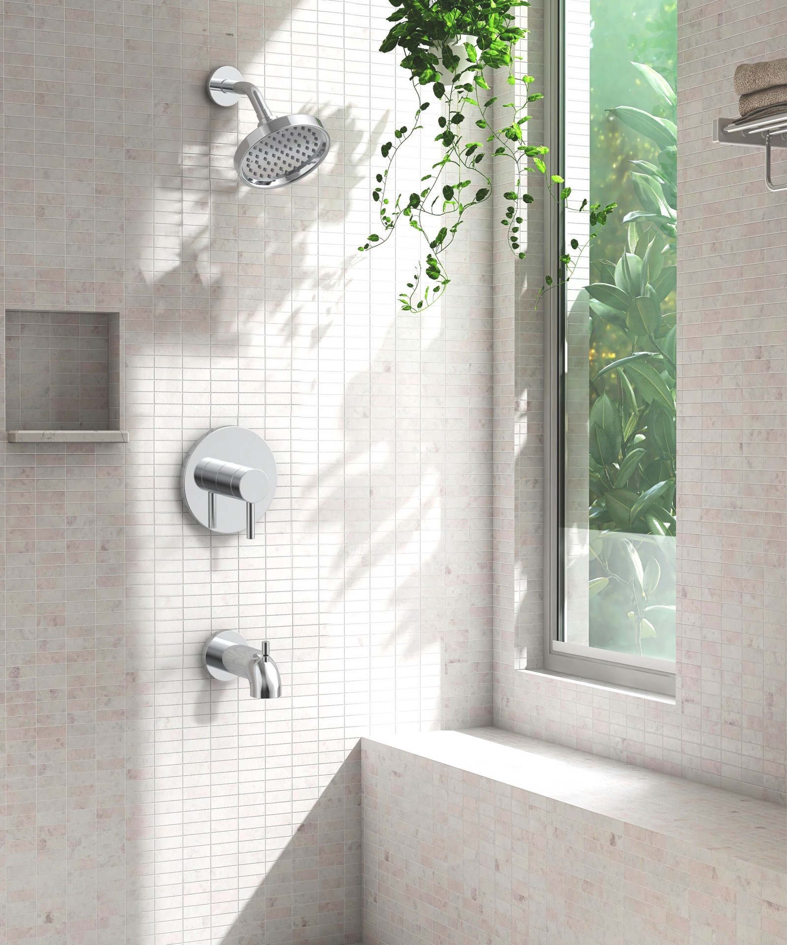 slide 4 of 6, allen + roth Harlow Polished chrome 1-handle 6-in Round Bathtub and shower Faucet with Valve (Single Function), 1 ct