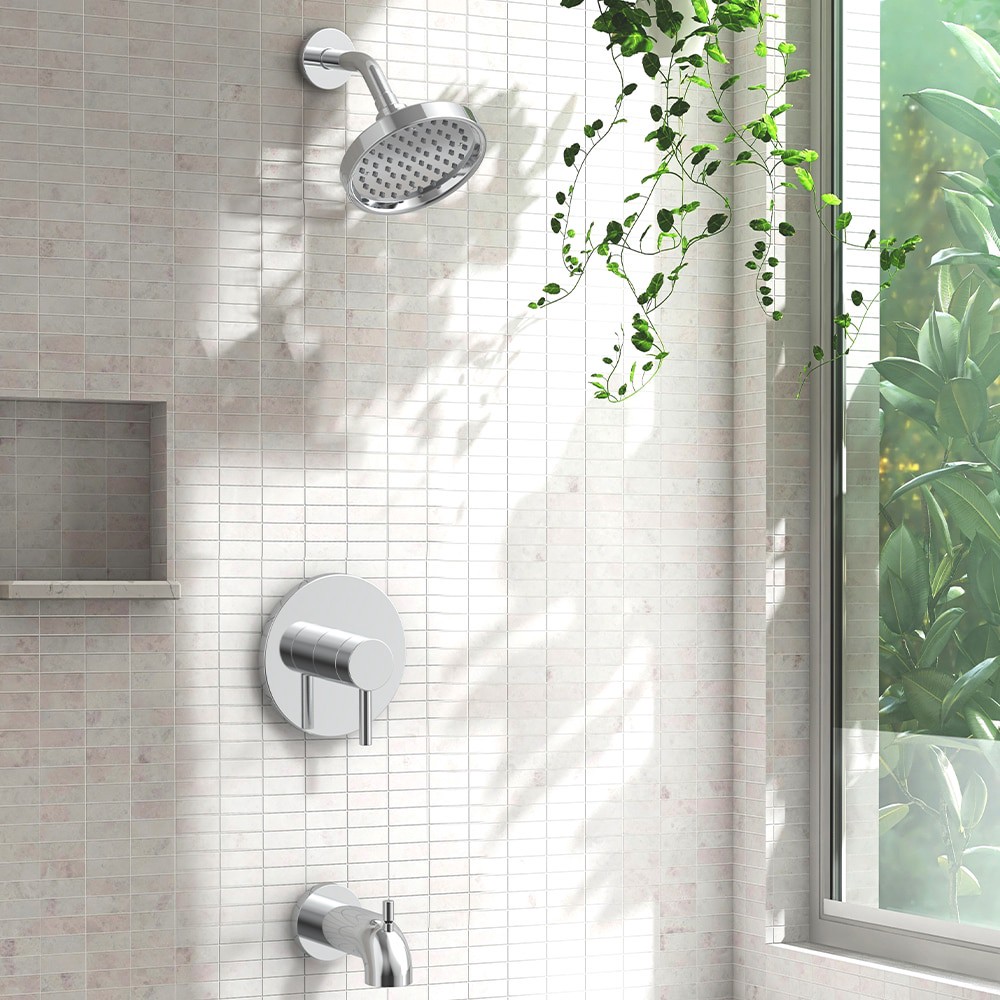 slide 1 of 6, allen + roth Harlow Polished chrome 1-handle 6-in Round Bathtub and shower Faucet with Valve (Single Function), 1 ct